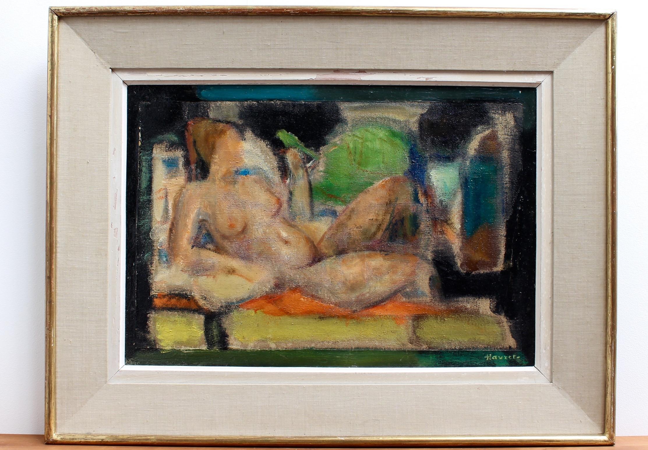 'Reclining Nude with Parakeet' by L Hauet, Oil Portrait Painting circa 1950s - Brown Abstract Painting by L Hauet 