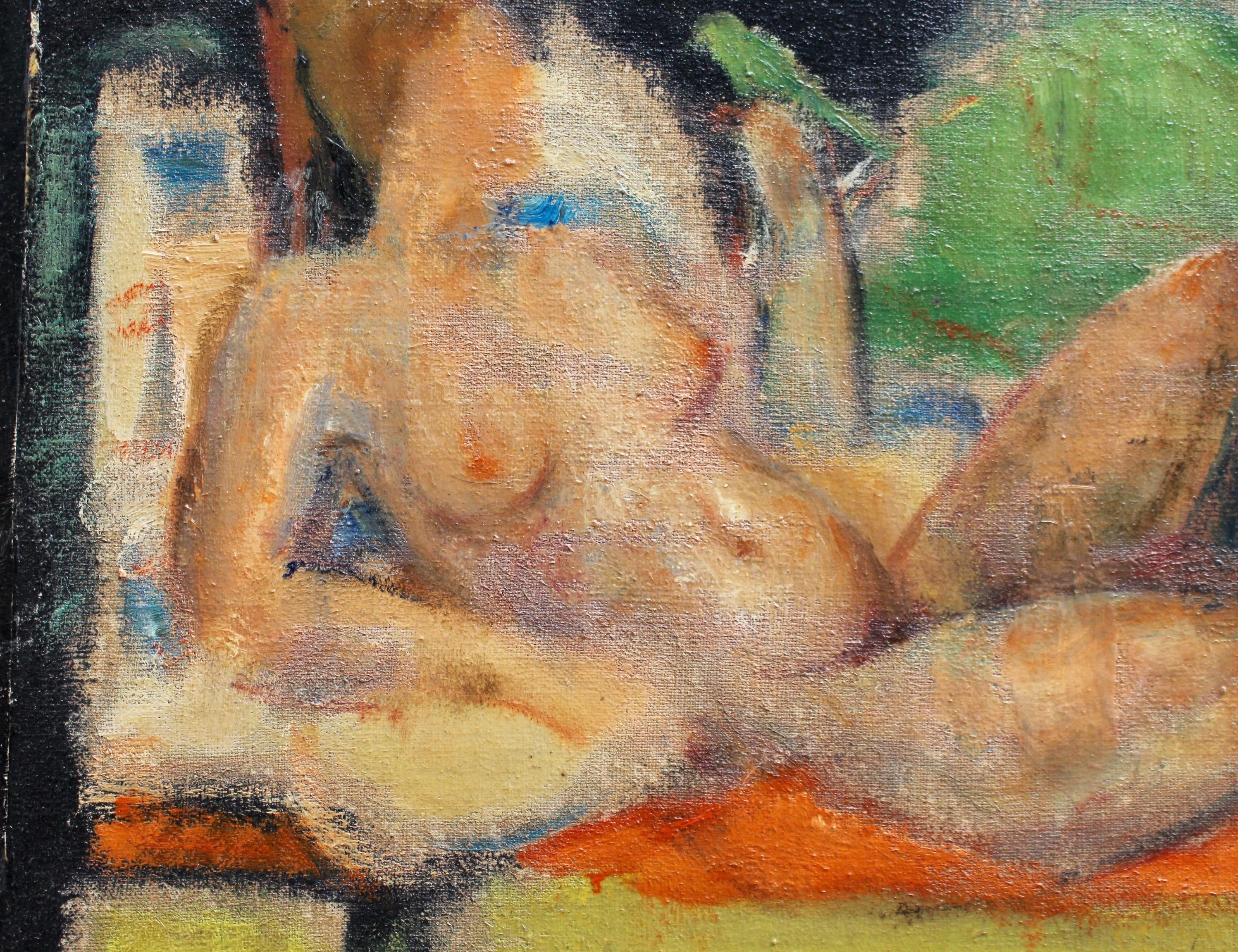 'Reclining Nude with Parakeet' by L Hauet, Oil Portrait Painting circa 1950s 3