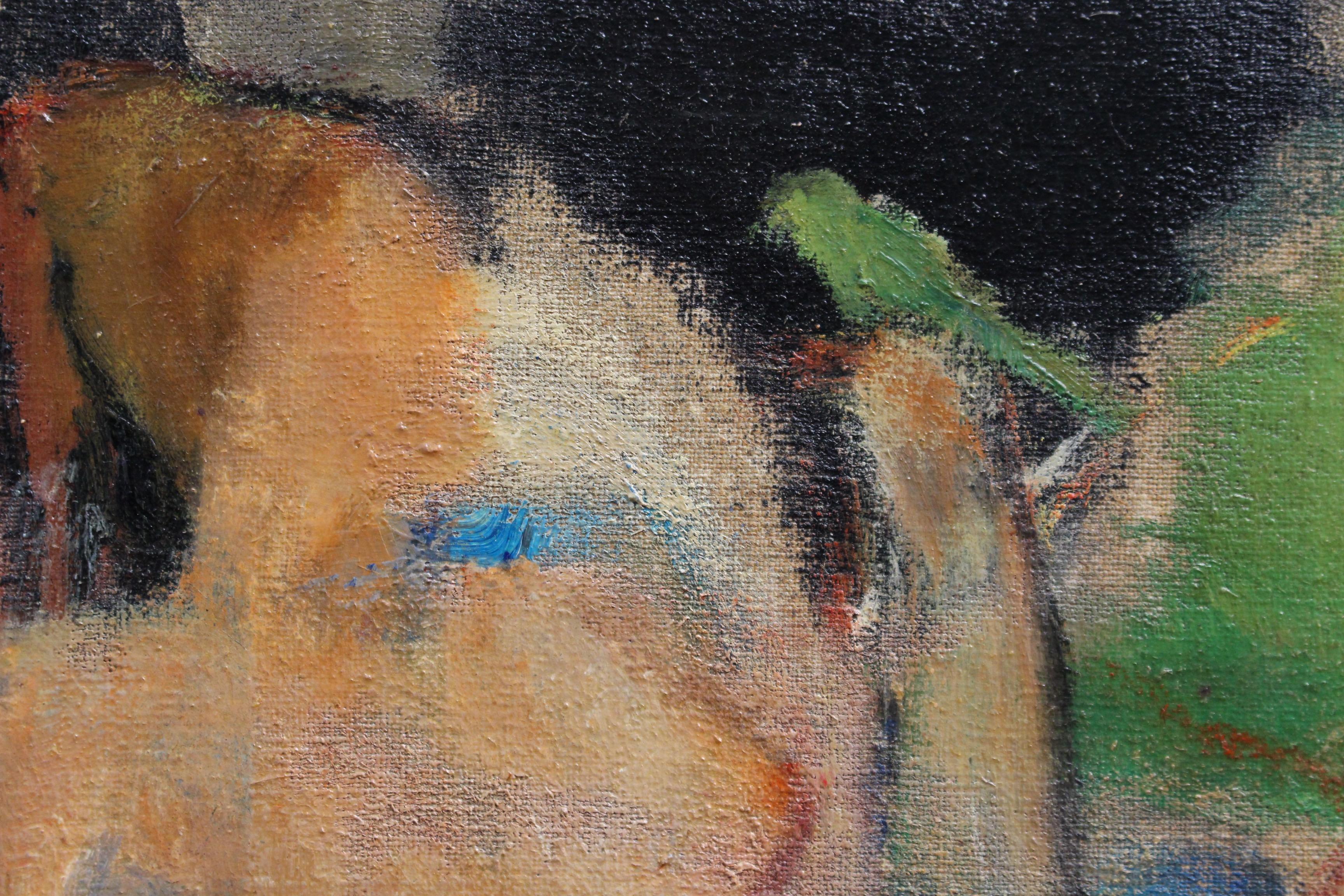 'Reclining Nude with Parakeet' by L Hauet, Oil Portrait Painting circa 1950s 8