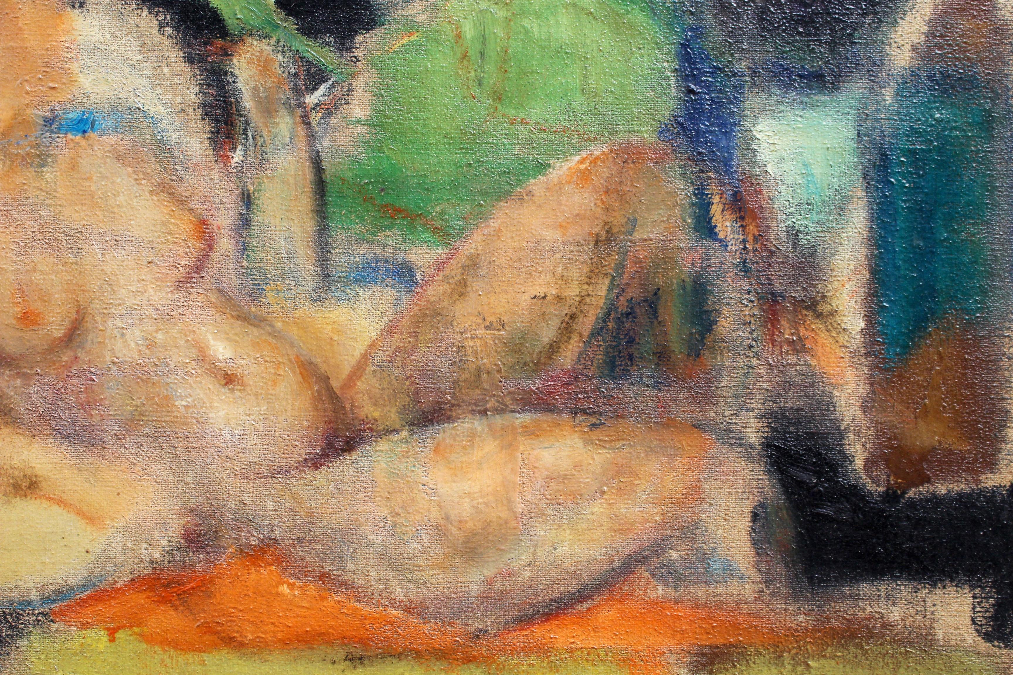 'Reclining Nude with Parakeet' by L Hauet, Oil Portrait Painting circa 1950s 4