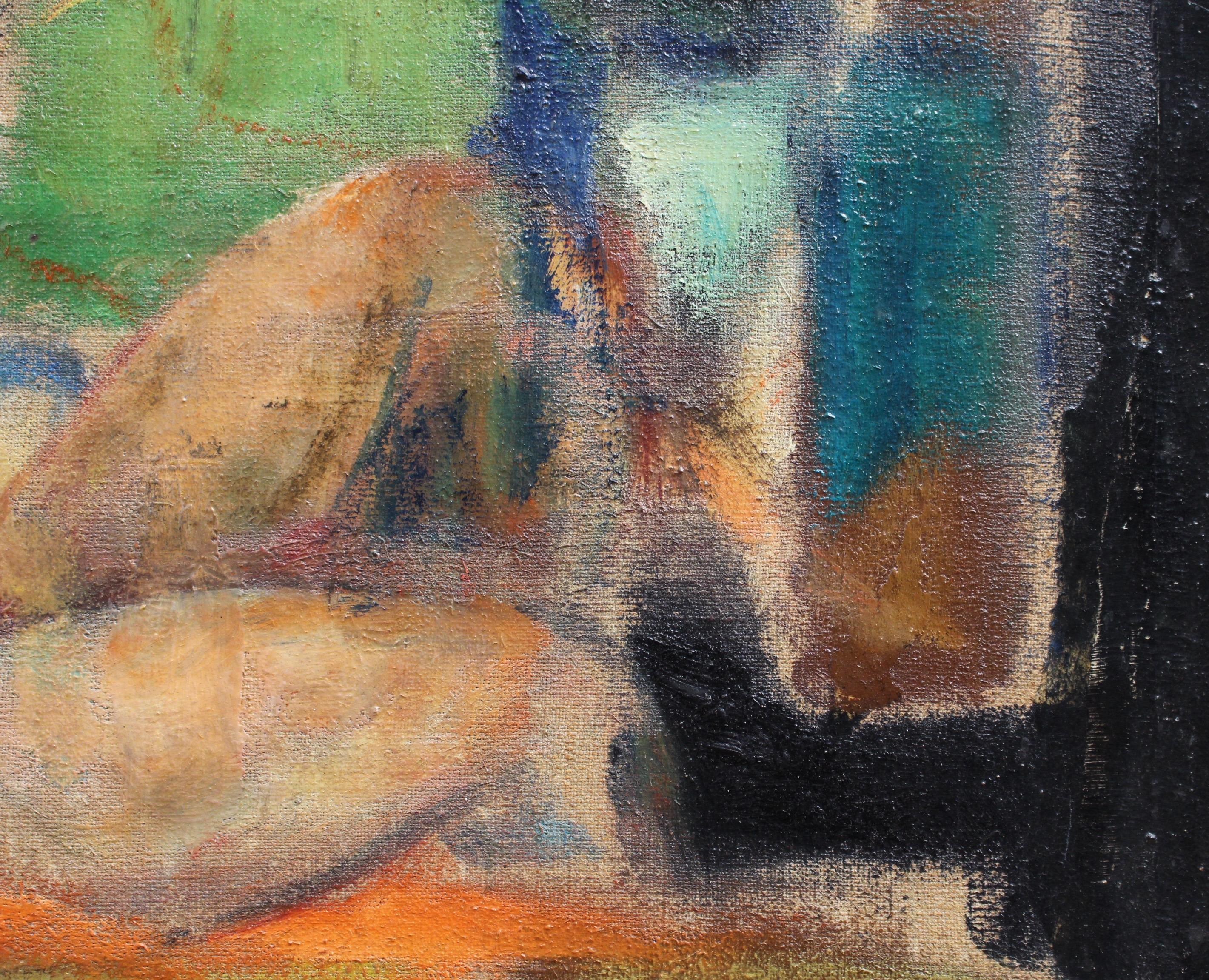 'Reclining Nude with Parakeet' by L Hauet, Oil Portrait Painting circa 1950s 5