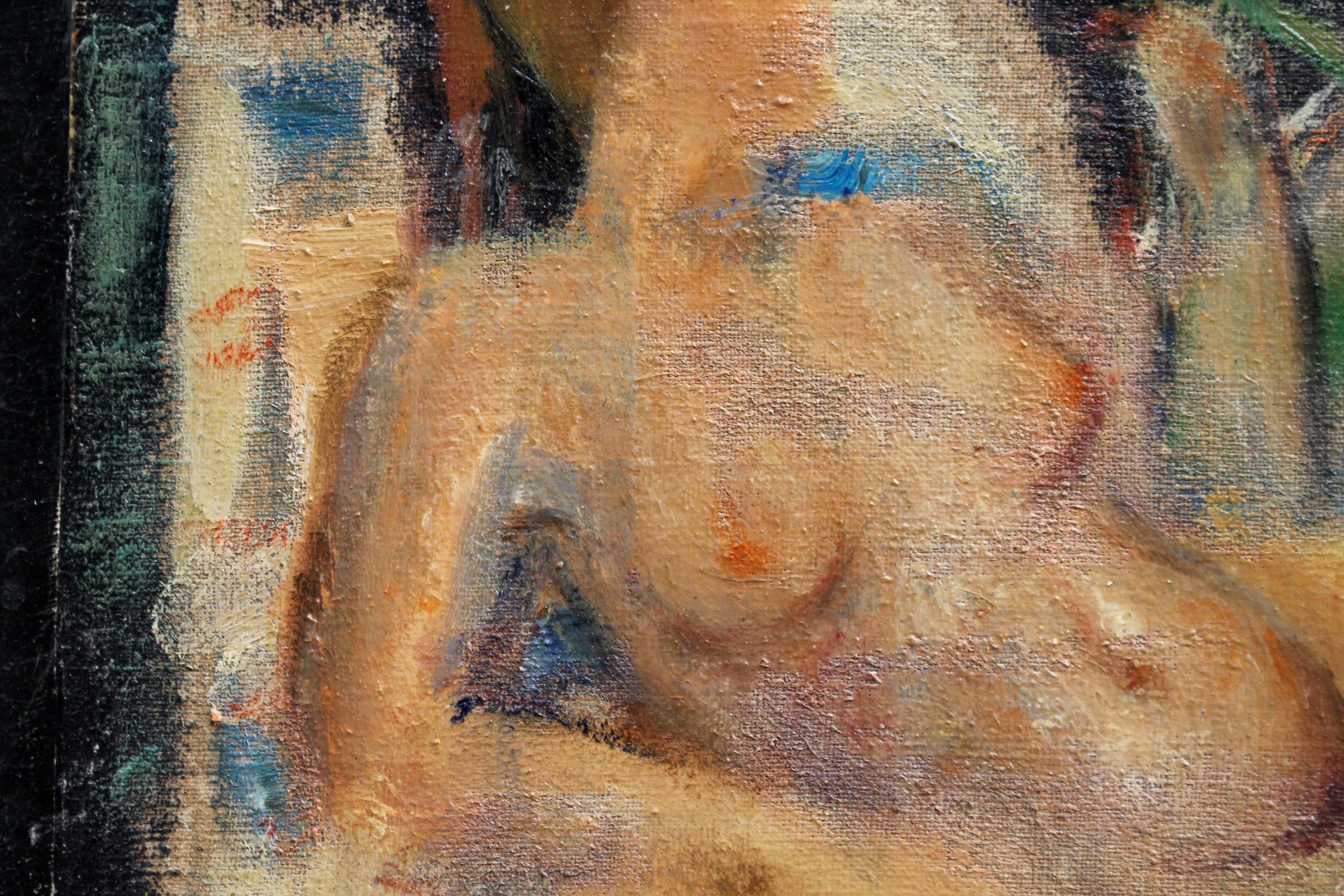 'Reclining Nude with Parakeet' by L Hauet, Oil Portrait Painting circa 1950s 2