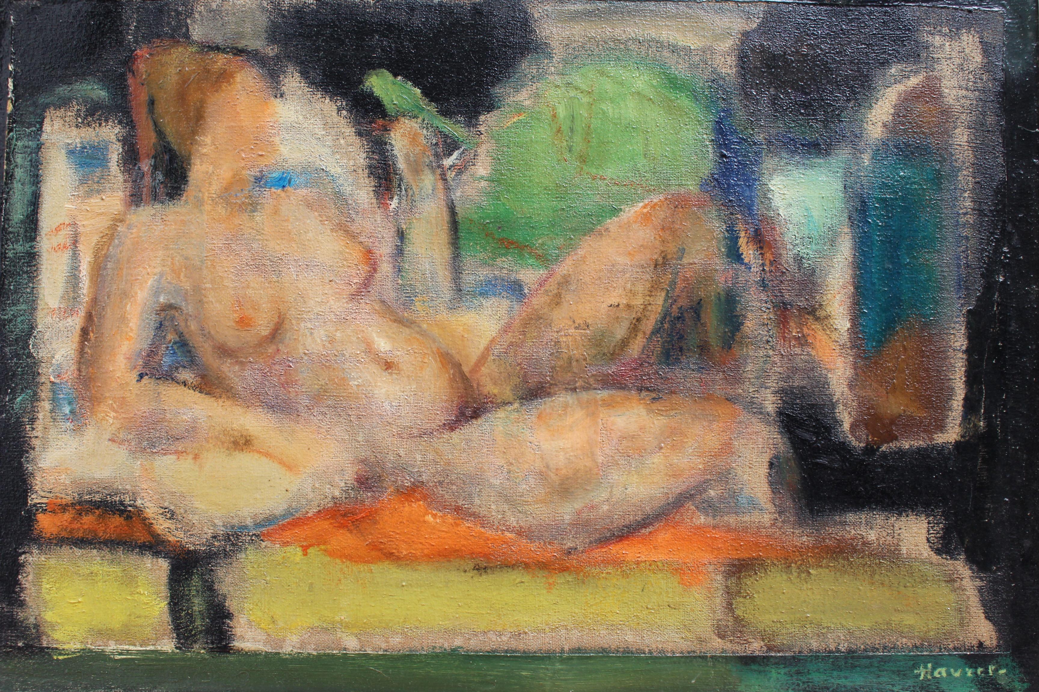 L Hauet  Abstract Painting - 'Reclining Nude with Parakeet' by L Hauet, Oil Portrait Painting circa 1950s