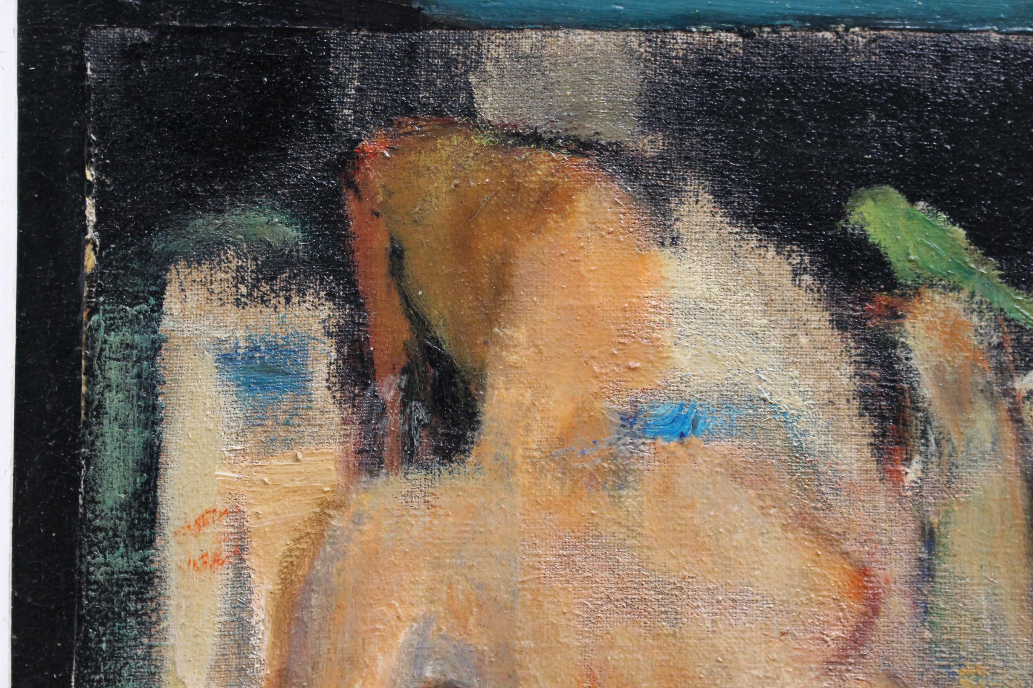 'Reclining Nude with Parakeet' by L Hauet, Oil Portrait Painting circa 1950s 1