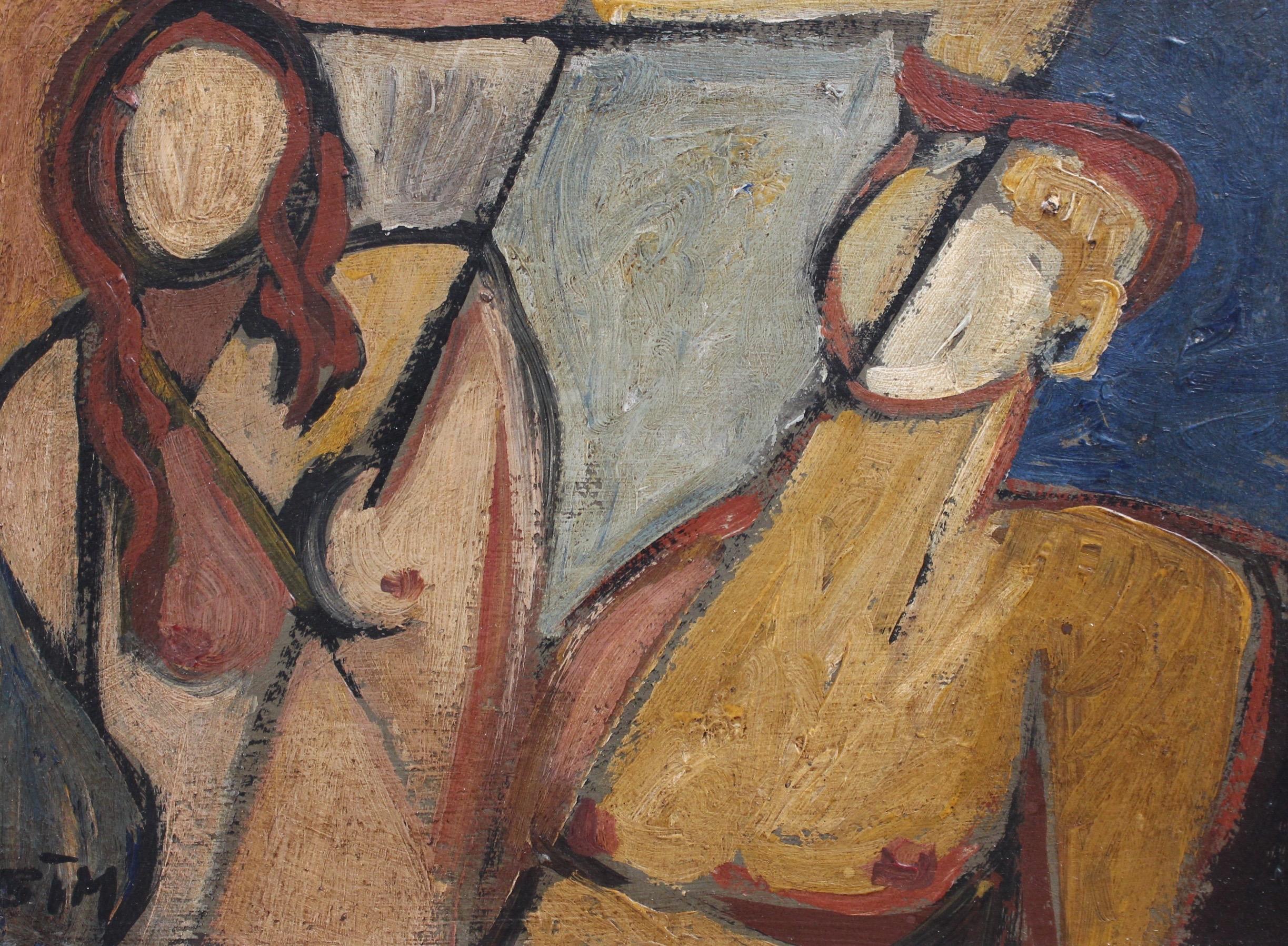 'Portrait of Man and Woman', oil on board, by artist with the initials STM (c. 1940s - 1960s). A very impressive cubist depiction of a portrait of a young man and woman in angled perspective. The facial features are simply lines and colour with hues