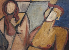 'Portrait of Man and Woman' by STM, Mid-Century Modern Cubist Nude Oil Painting