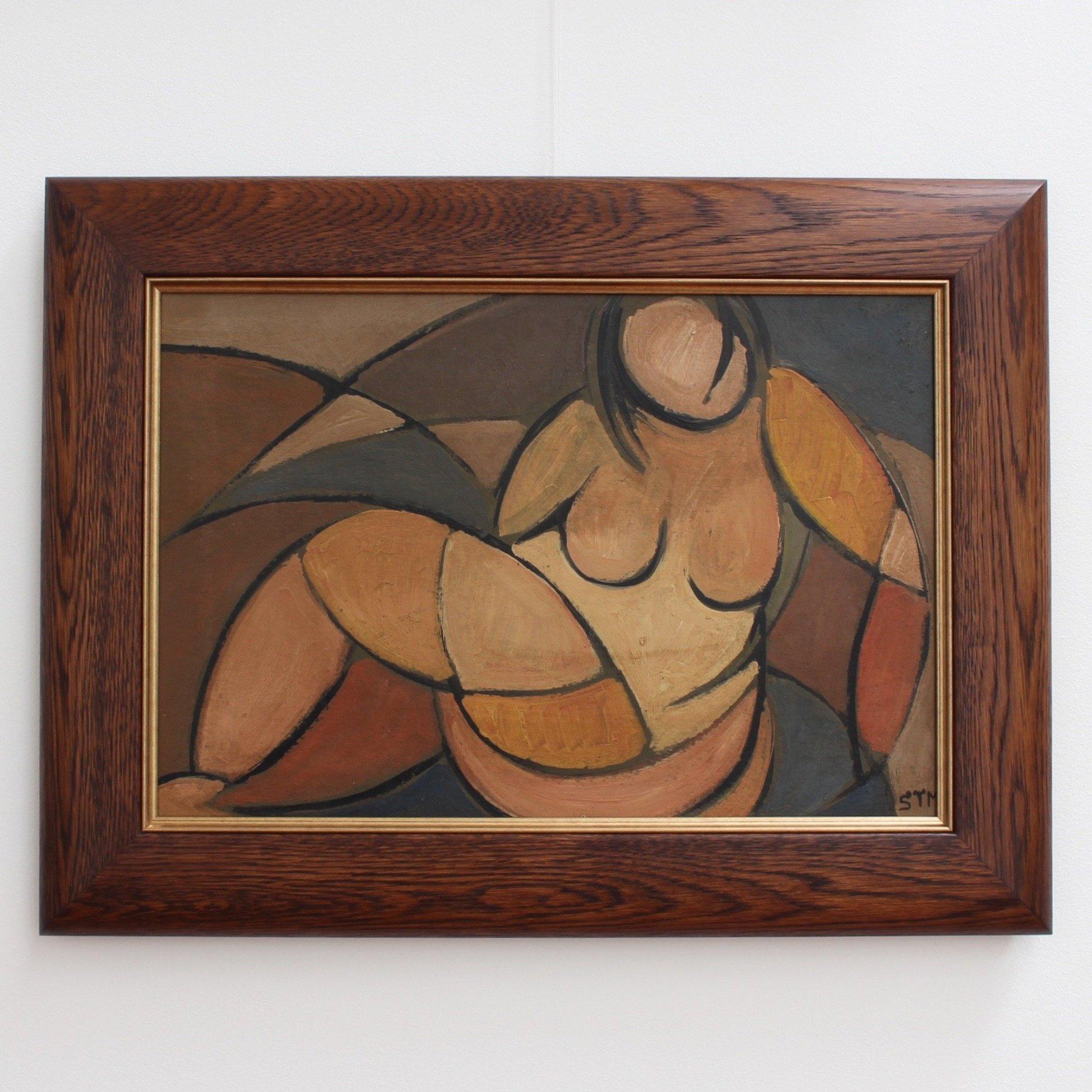 'Portrait of Reclining Woman', oil on board, by artist with the initials STM (c. 1940s - 1960s). A magnificent cubist depiction, this is a portrait of a shapely young woman in muted hues. There are just lines and beautiful colours. Painted primarily