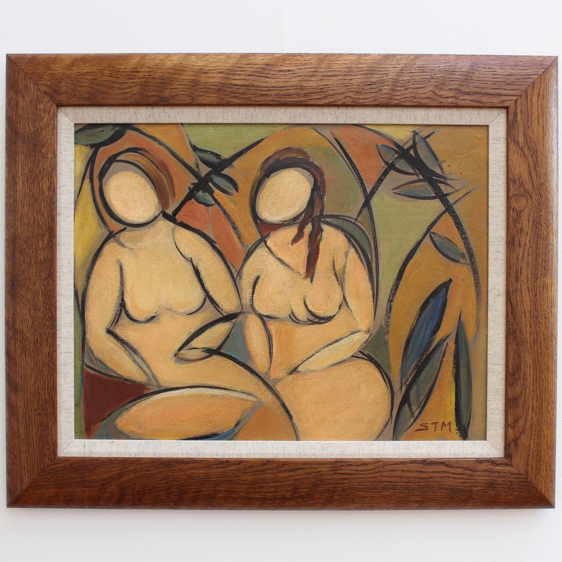 'Two Nudes in Landscape', oil on soft board, by STM (circa 1950s). So many artists have painted nudes in landscapes: Picasso, Otto Mueller, Marcel Duchamp, Frida Kahlo and others. This artwork by STM has a wonderful synergy whereby the human