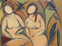 Vintage 'Two Nudes in Landscape' by STM, Modern Cubist Portrait Oil Painting, Berlin