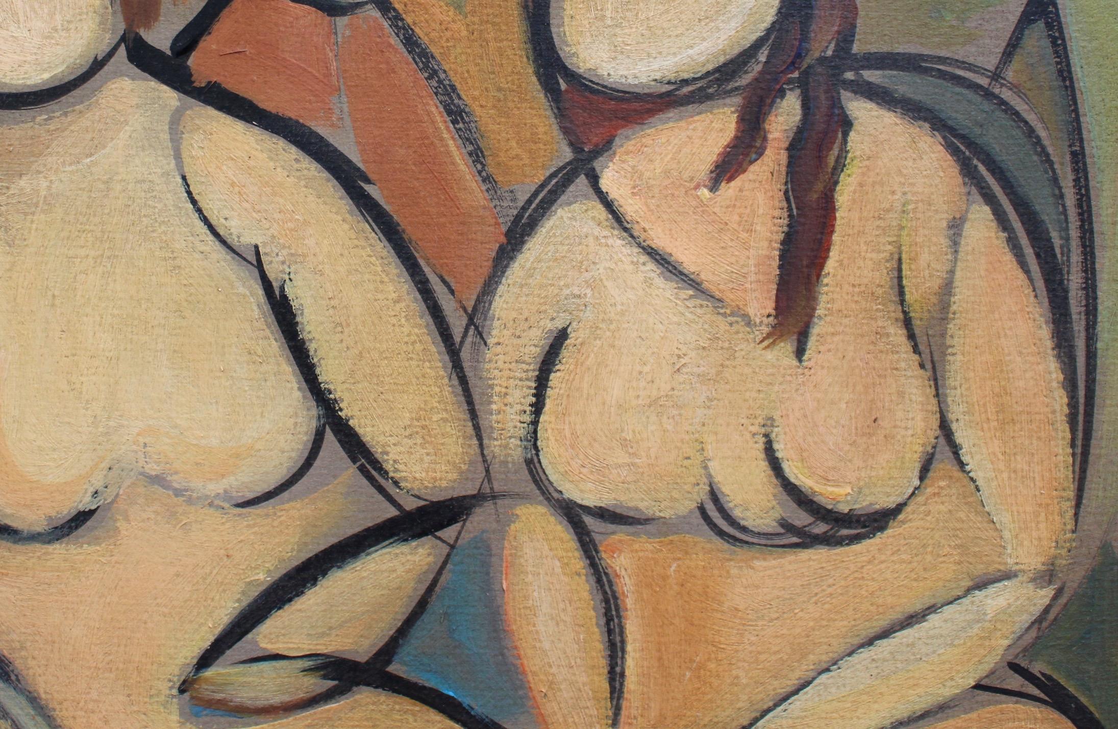 'Two Nudes in Landscape' by STM, Modern Cubist Portrait Oil Painting, Berlin 9