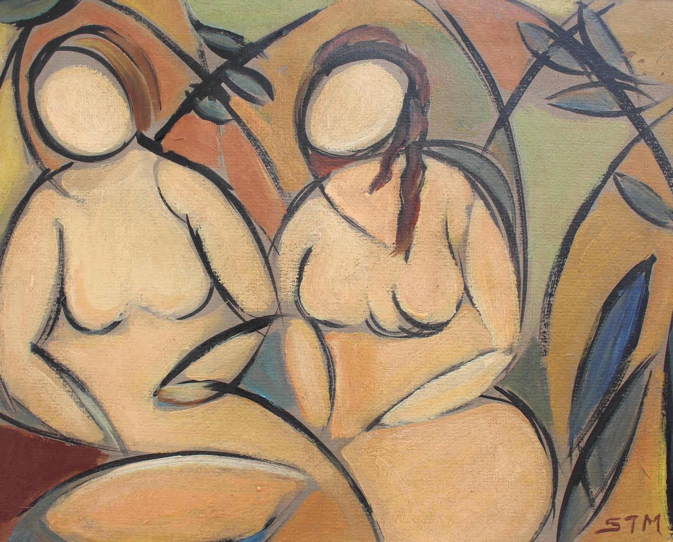 'Two Nudes in Landscape' by STM, Modern Cubist Portrait Oil Painting, Berlin 10