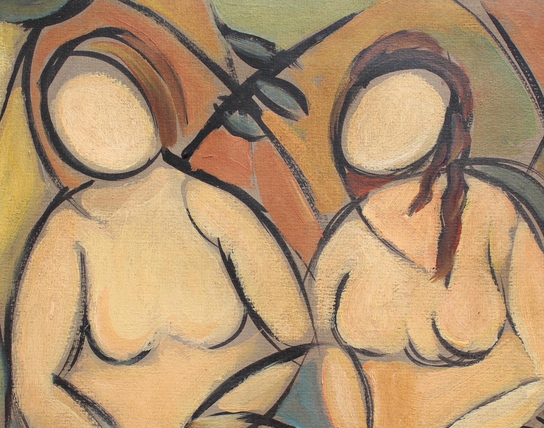 'Two Nudes in Landscape' by STM, Modern Cubist Portrait Oil Painting, Berlin 3