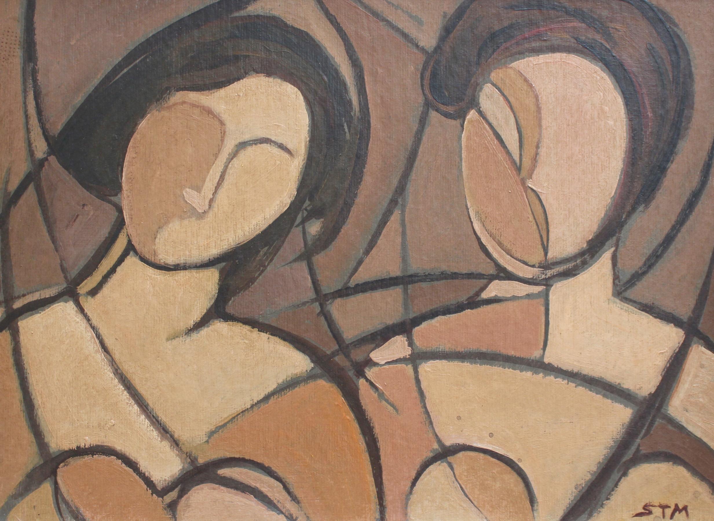 'Lost in the Shadows', oil on board, by STM (circa 1940s - 1960s). The artist with initials STM never fails to disappoint. In this painting the artist depicts two nudes with shadowed faces along with the angles, curves and jagged shards that appear