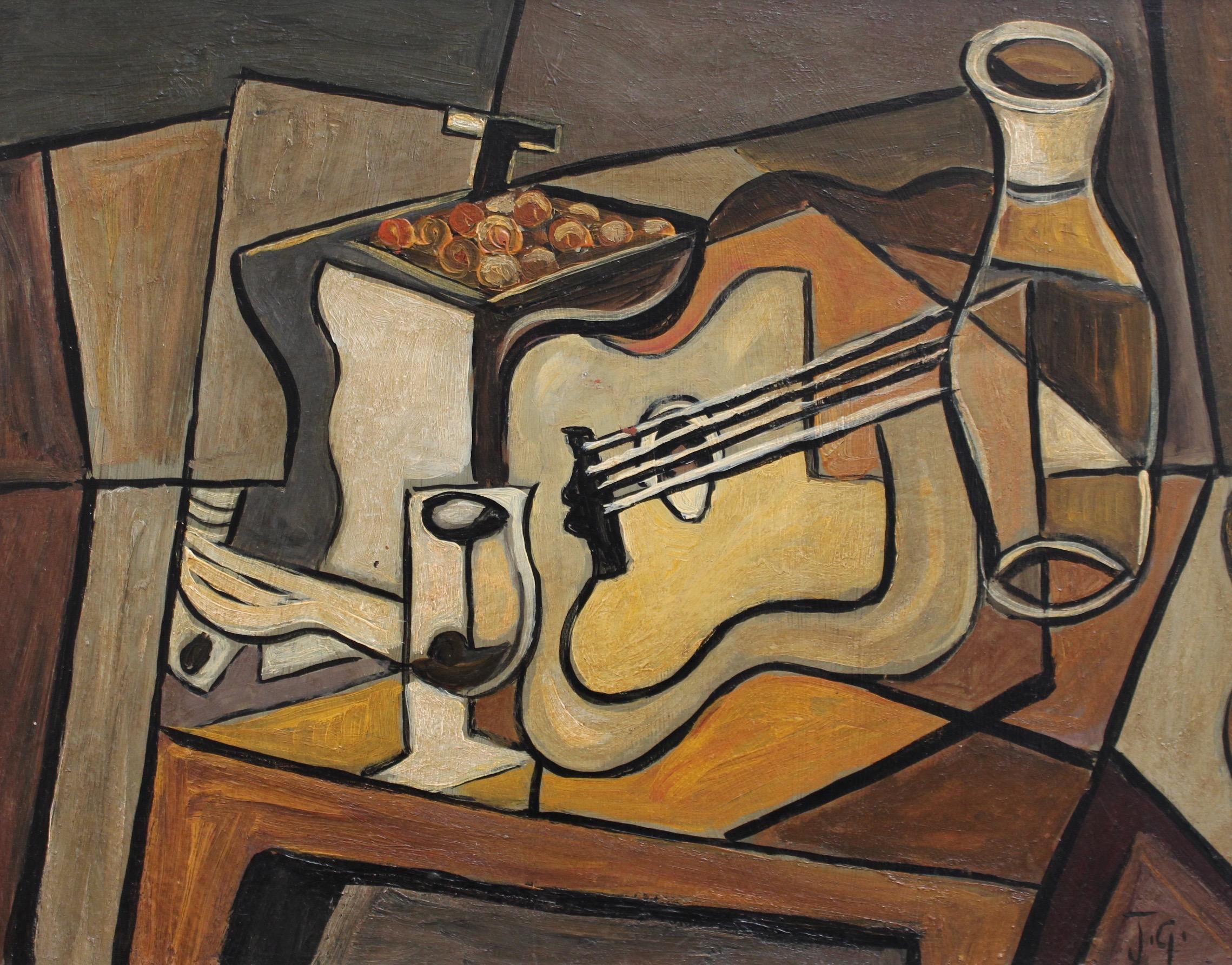 J.G. Abstract Painting - Cubist Still Life on Table