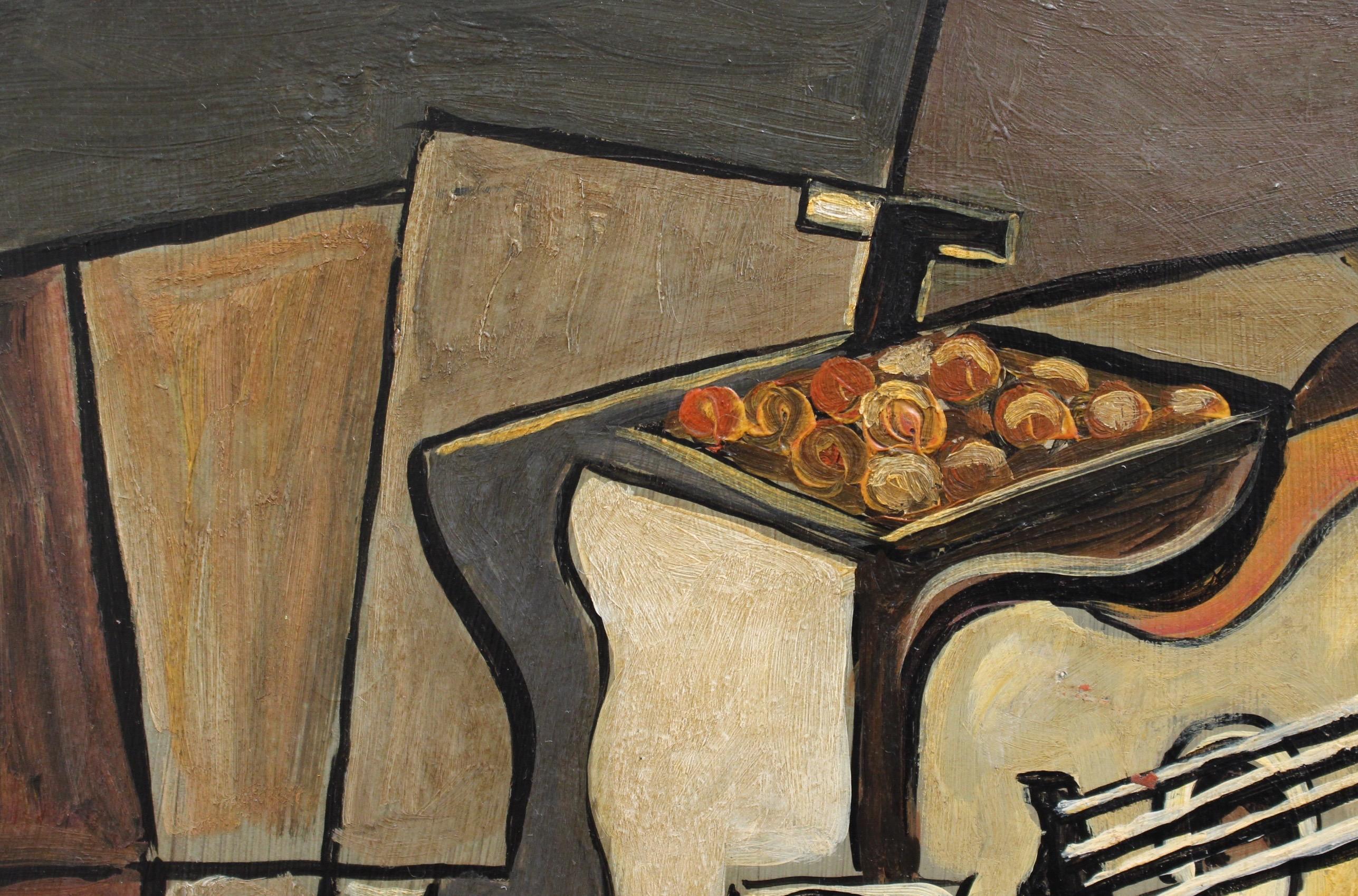 'Cubist Still Life on Table', oil on board, with guitar, bunch of grapes and carafe, (circa 1940s - 1960s), by artist with the initials J.G. A masterly cubist still life representation from J.G. This particular work depicts items atop a wooden table