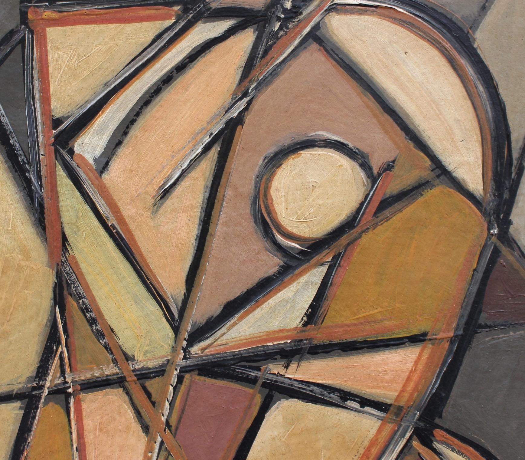 'Portrait of Woman in the Mirror', oil on board, by STM (circa 1940s - 1960s). When we gaze in the mirror, we like to see ourselves from all angles. This beautifully intricate cubist work comes alive with its earth-tone hues and harmonious