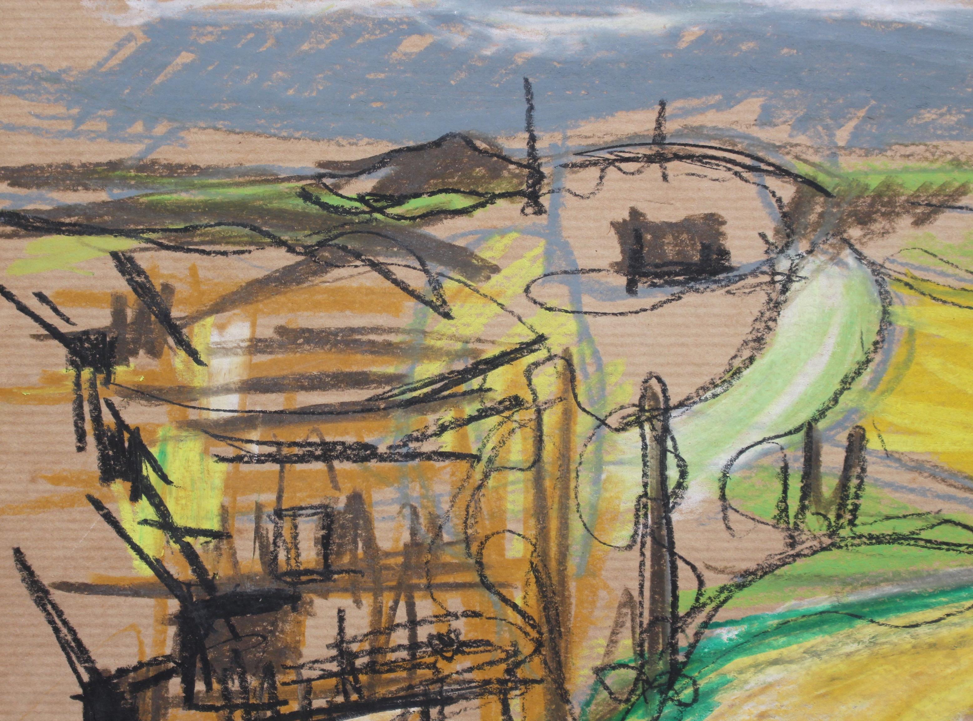 Scenic Landscape Overlook, wax crayon on brown paper, by French artist, Yves Amelin (circa 1970s). Executed completely in bright coloured crayons, this is a surprisingly sophisticated modern work of art which belies one's initial impression that it