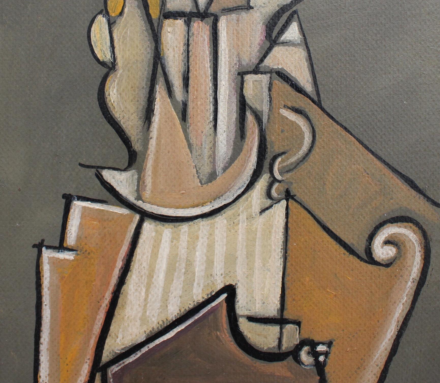 Musician with Harp - Gray Abstract Painting by J.G.
