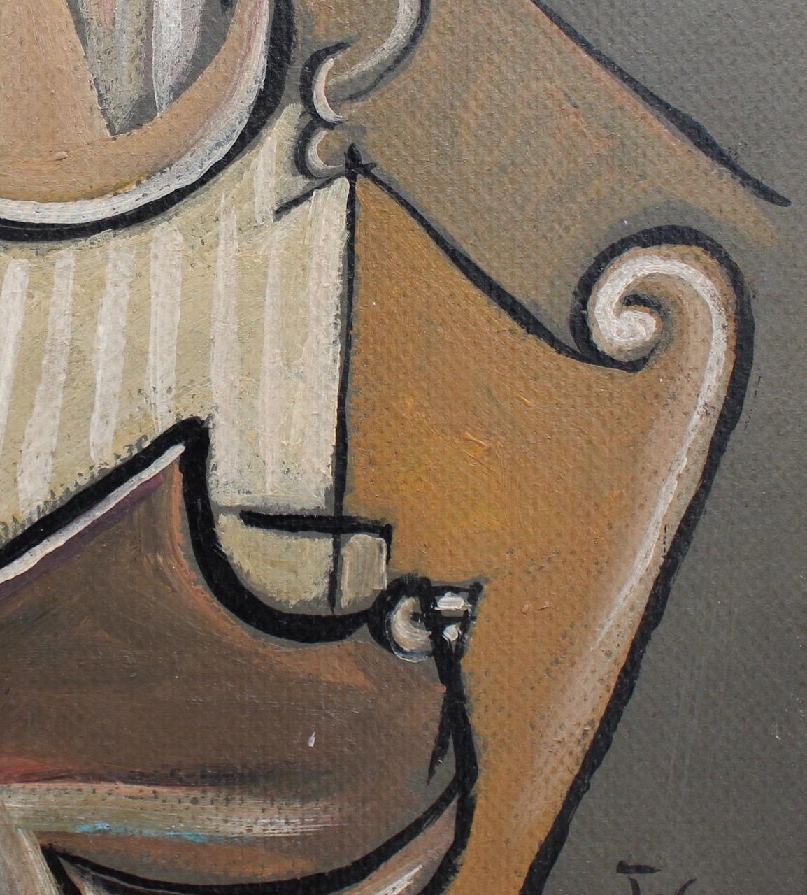 'Musician with Harp', oil on board, by artist with initials, J.G. (circa 1940s - 1960s). Clearly inspired by Georges Braque's (1882 - 1963) works, this painting is similar to experimental representations by both Braque and Picasso which challenged