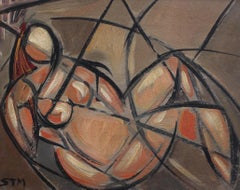 'Portrait of Reclining Woman' by STM, Mid-Century Cubist Oil Painting, Berlin