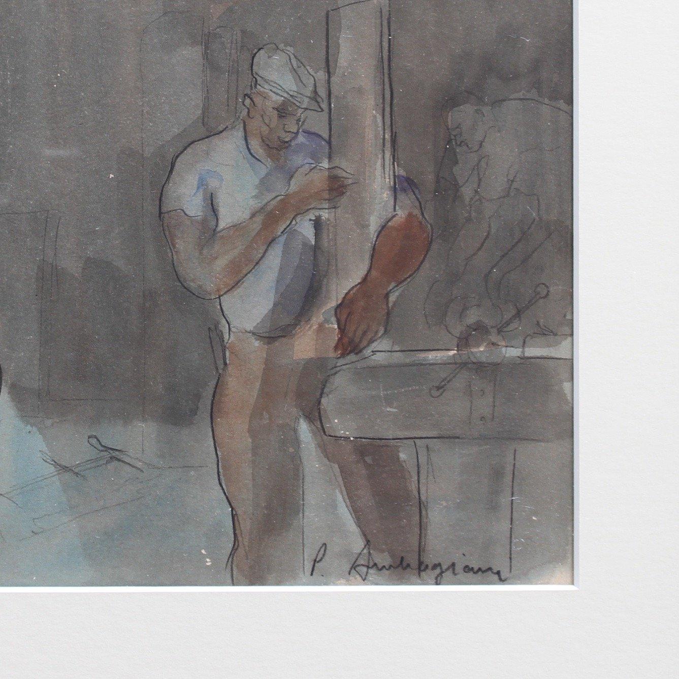 'Carpenter and Nursing Mother', pencil, ink and gouache on paper (c. 1960s). A mother breast feeding her infant looks on peacefully at the father of the child as he works the tools of the trade in a joiner's workshop. The mother and baby bathed in