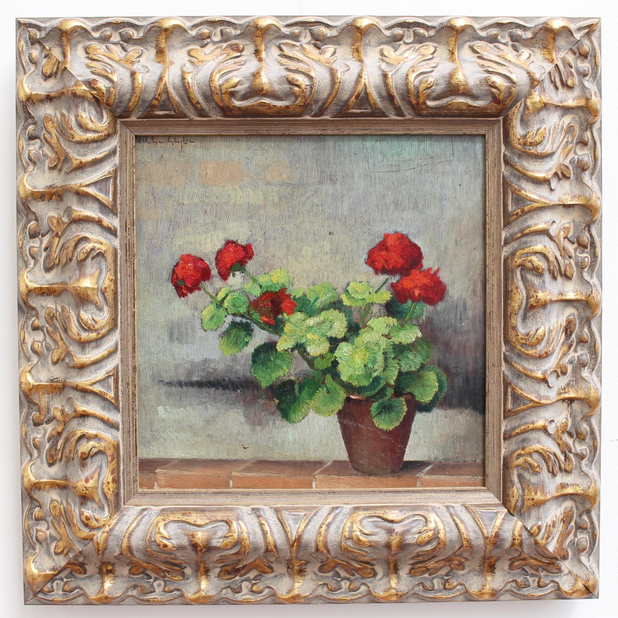 Valentino Ghiglia Figurative Painting - Still Life of Potted Plant with Red Flowers