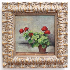 Still Life of Potted Plant with Red Flowers