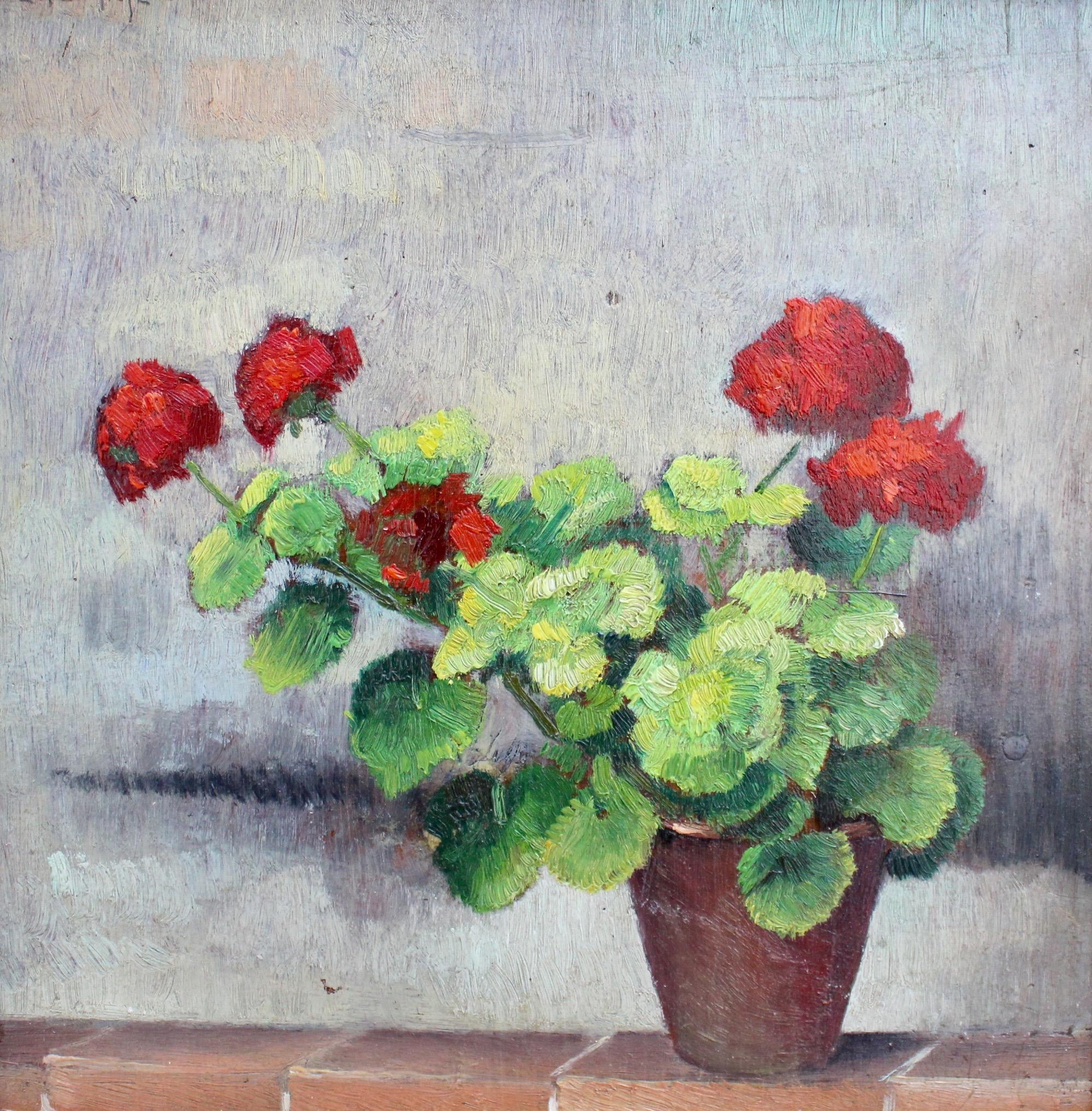 Still Life of Potted Plant with Red Flowers - Painting by Valentino Ghiglia