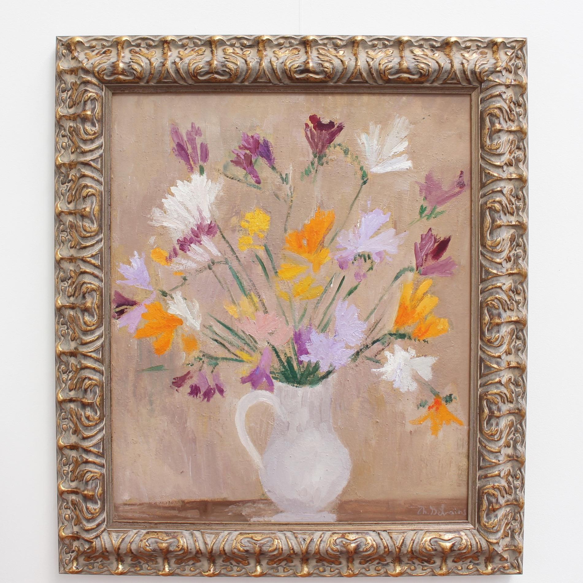 Bouquet of Flowers with White Pitcher - Painting by Thérèse Debains 