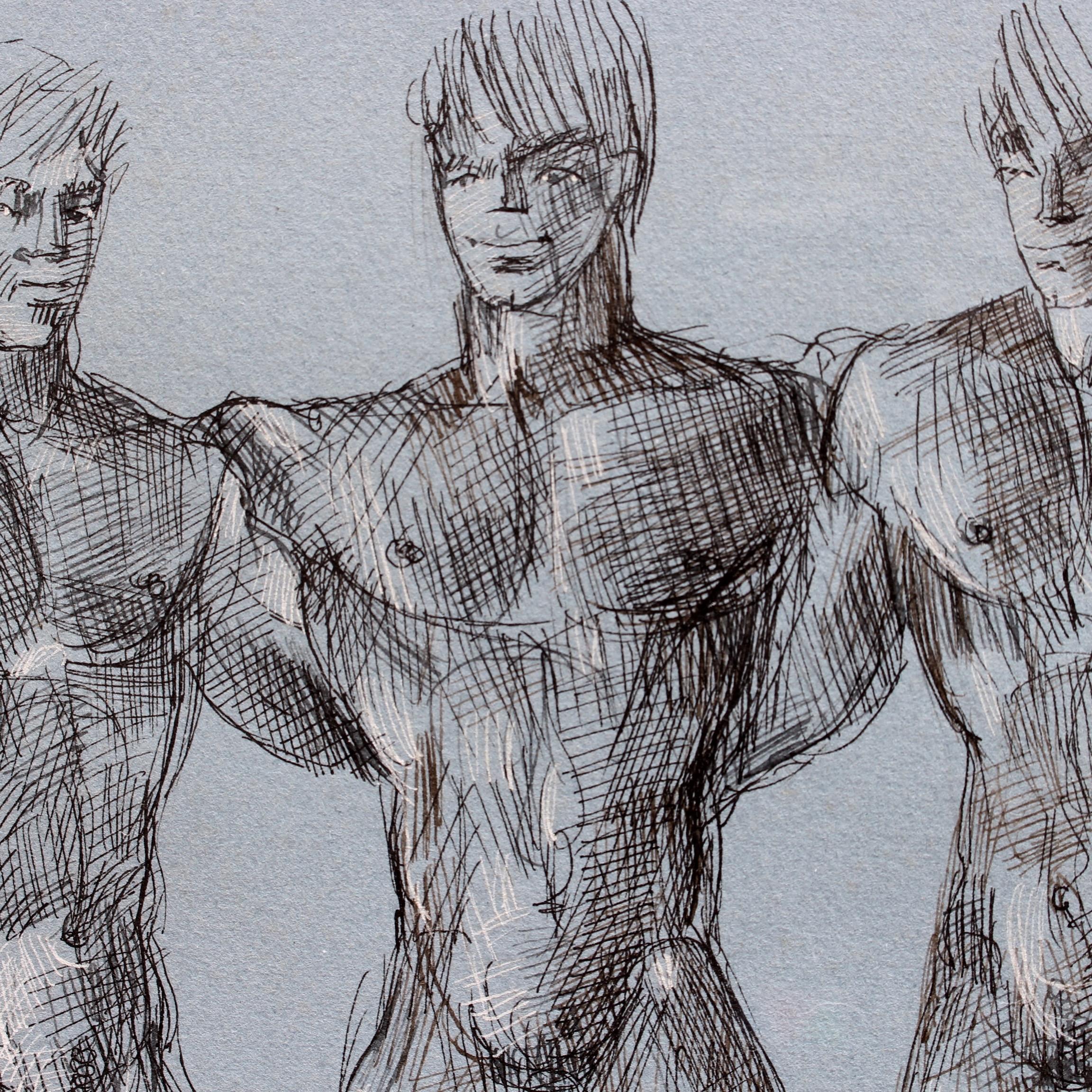 'Muscles, Muscles and More Muscles', ink on art paper, by René Bolliger (circa 1960s). The Swiss Tom of Finland, René Bolliger created gay erotica confidently and unapologetically given the era in which he lived. This ink drawing depicts three nude