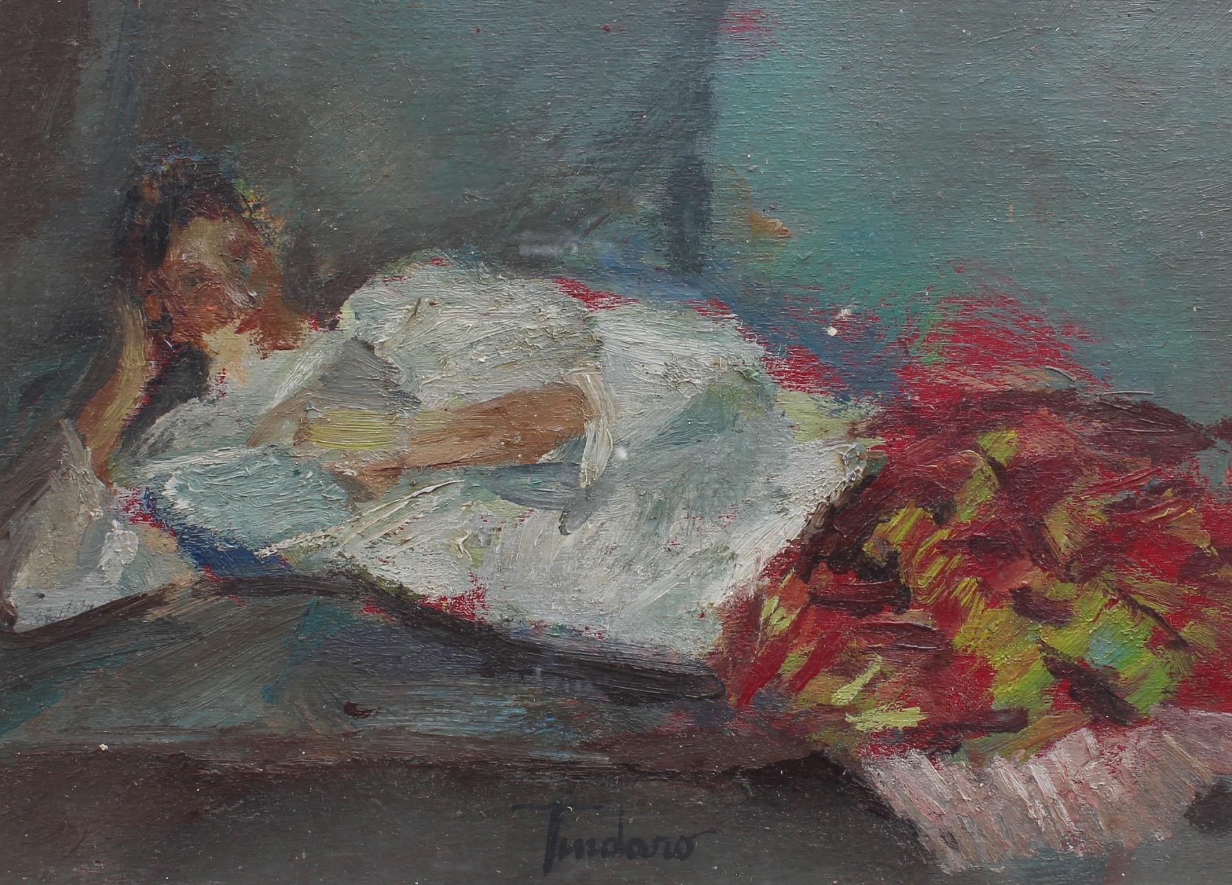'Reclining Woman in Red Skirt', oil on board (circa 1930s), by Italian artist, Tindaro. An elegant artwork of a beautiful woman in white top and colourful red skirt lying in casual repose. The subject appears perfectly at ease as would someone who