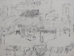 Set of Two Historical Pencil Drawings of Early 20th Century Paris