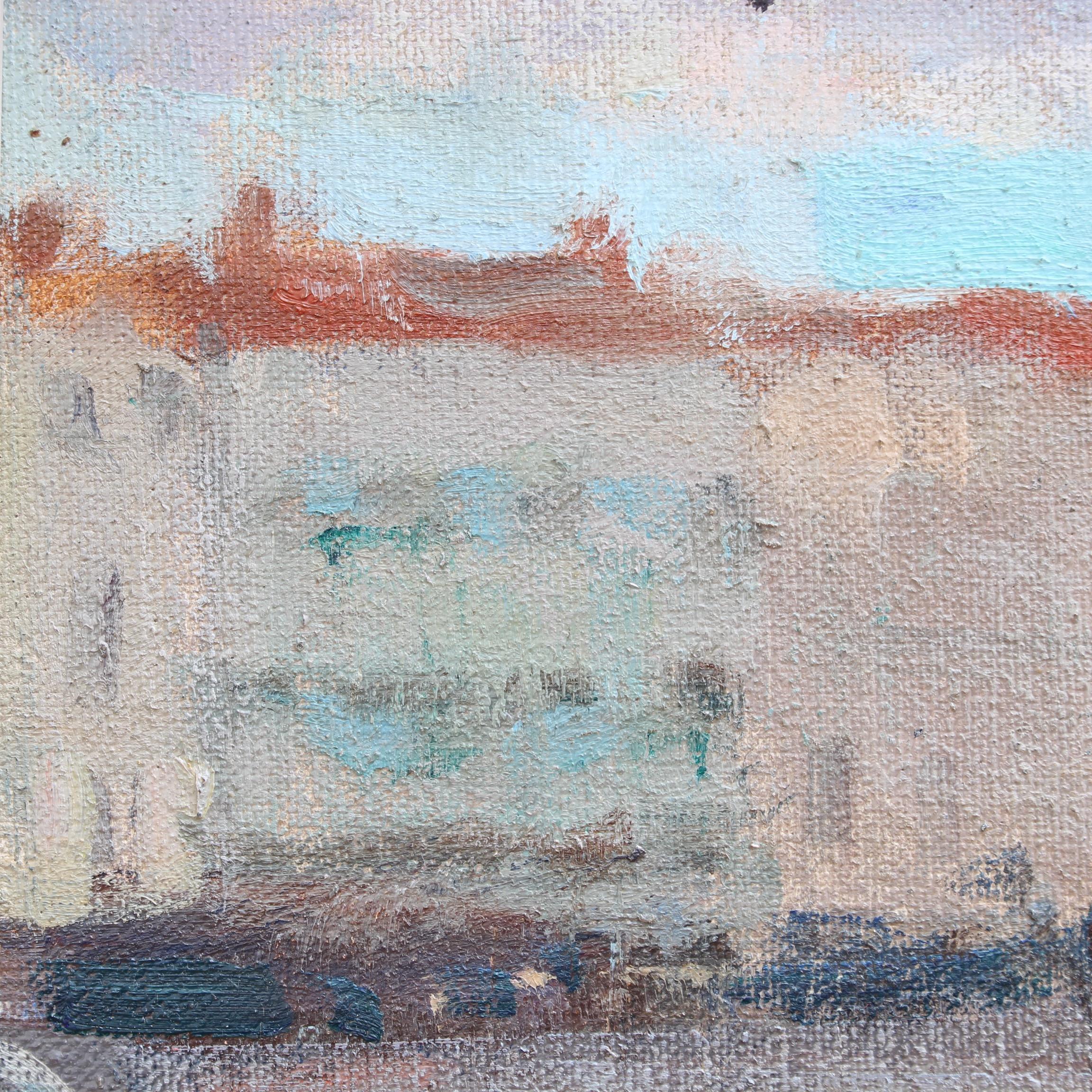 'Portside', oil on canvas, by American artist, Susan Grisell. A depiction of a small port's boat basin under a summery sky transports the viewer alongside the quayside passers-by. This is a work that imparts an immediate sense of tranquility and