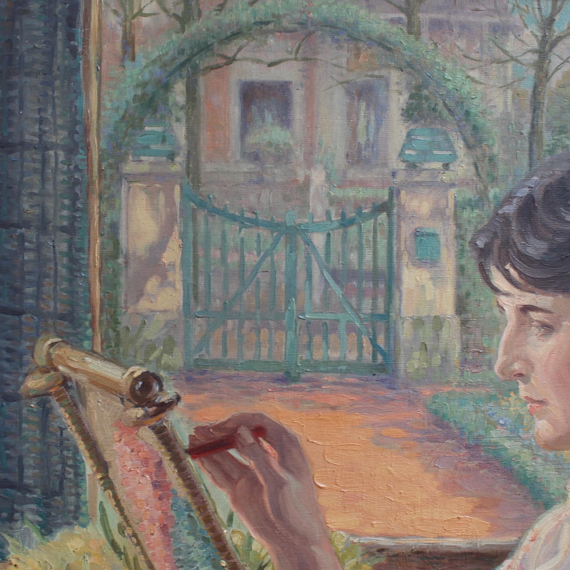 Donna alla finestra con telaio da ricamo - Portrait Painting Grigio di Franz Ludwig Kiederich