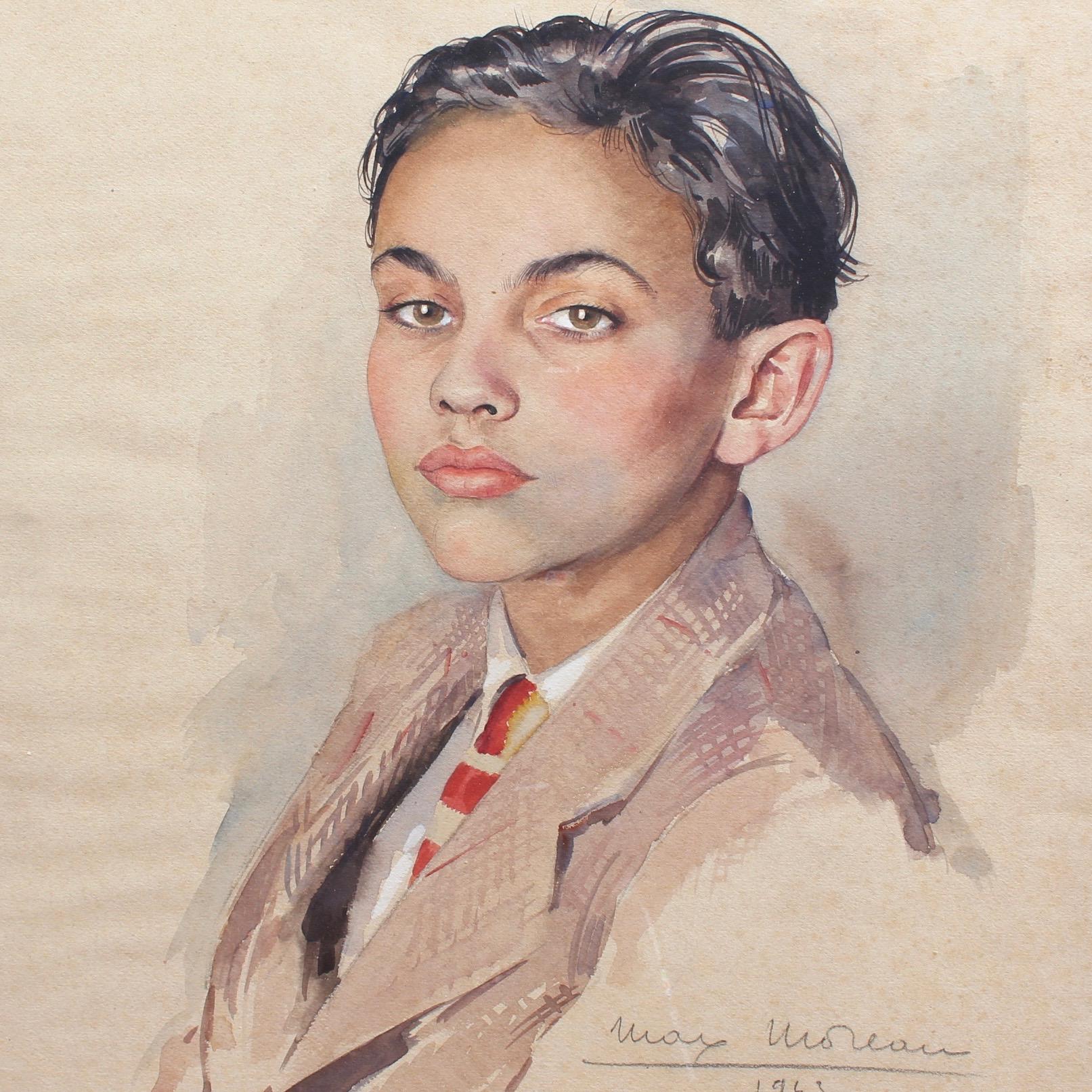 Portrait of Suited Boy - Beige Portrait Painting by Max Moreau