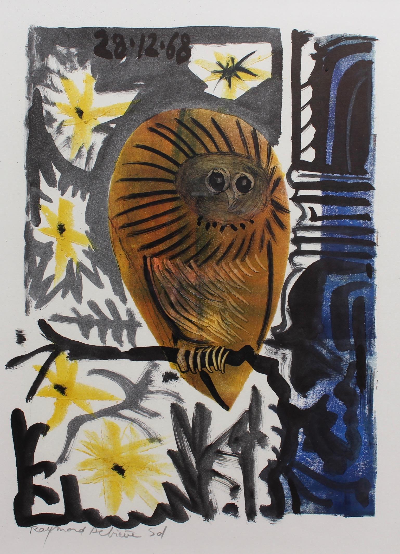 Raymond Debieve Animal Painting - 'The Owl' (La Chouette) by Raymond Debiève (1968)