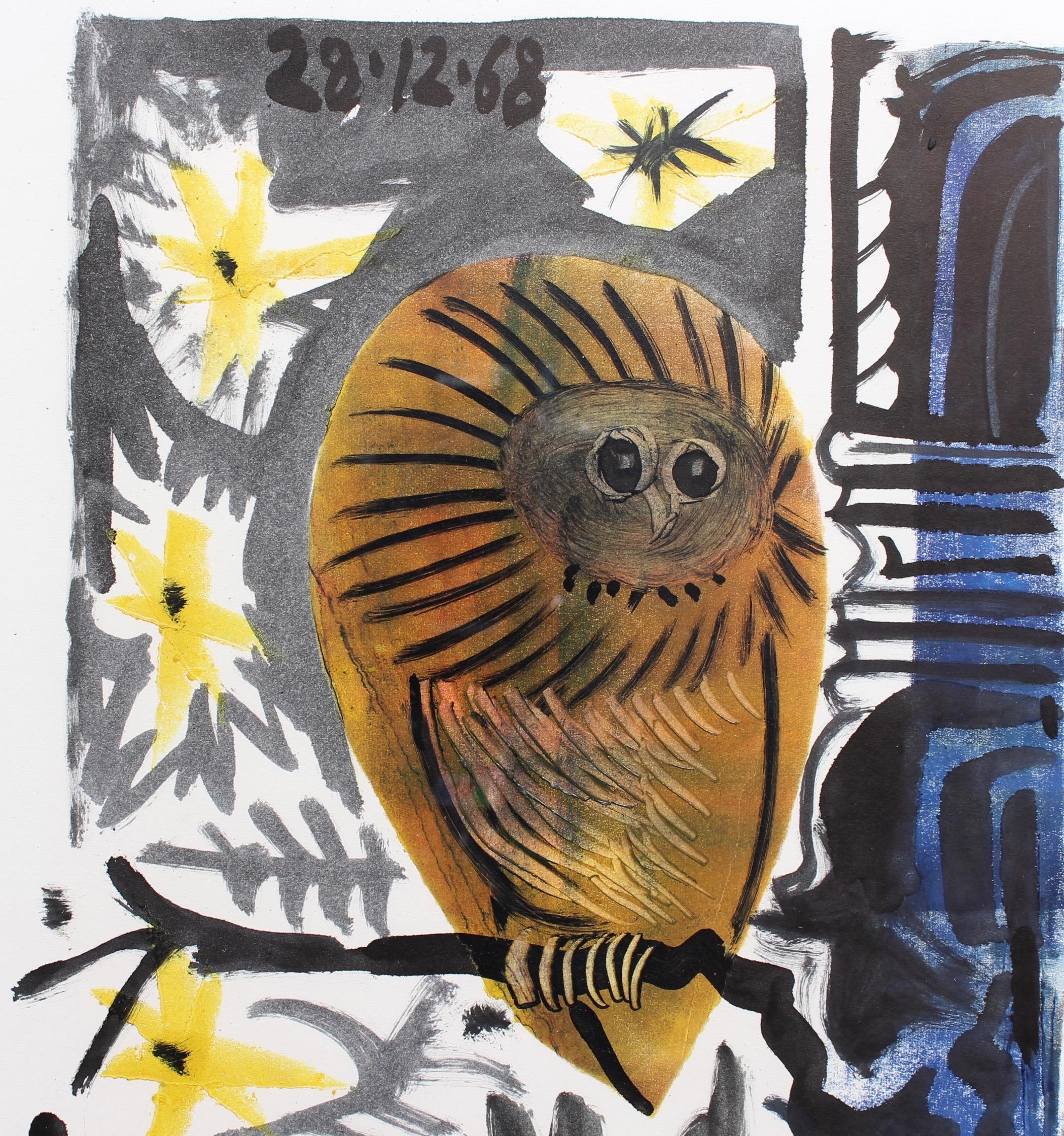 'The Owl' (La Chouette) by Raymond Debiève (1968) - Black Animal Painting by Raymond Debieve