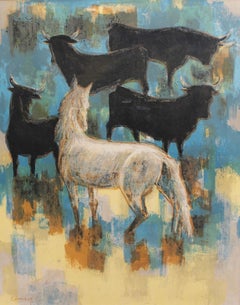 « The Horses and Bulls of the Camargue » (Les chevaux et les taureaux du Camargue):: lithographie originale de Robert Debive