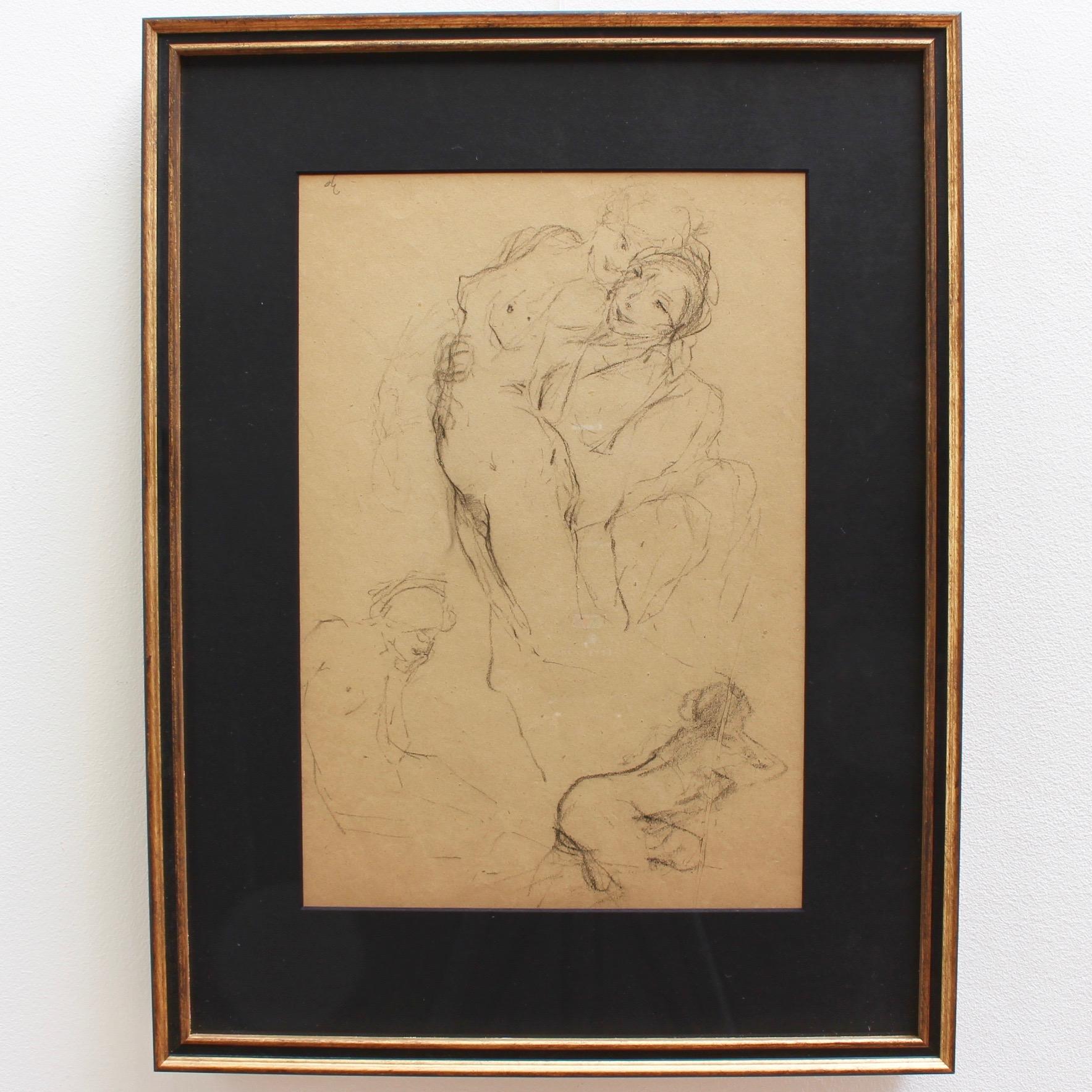 An exquisite grouping of four drawings available together as one set (circa 1920s). These sketches are studies for larger works planned by the artist and are, considering their age, very well preserved. The sketches encompass several subjects: