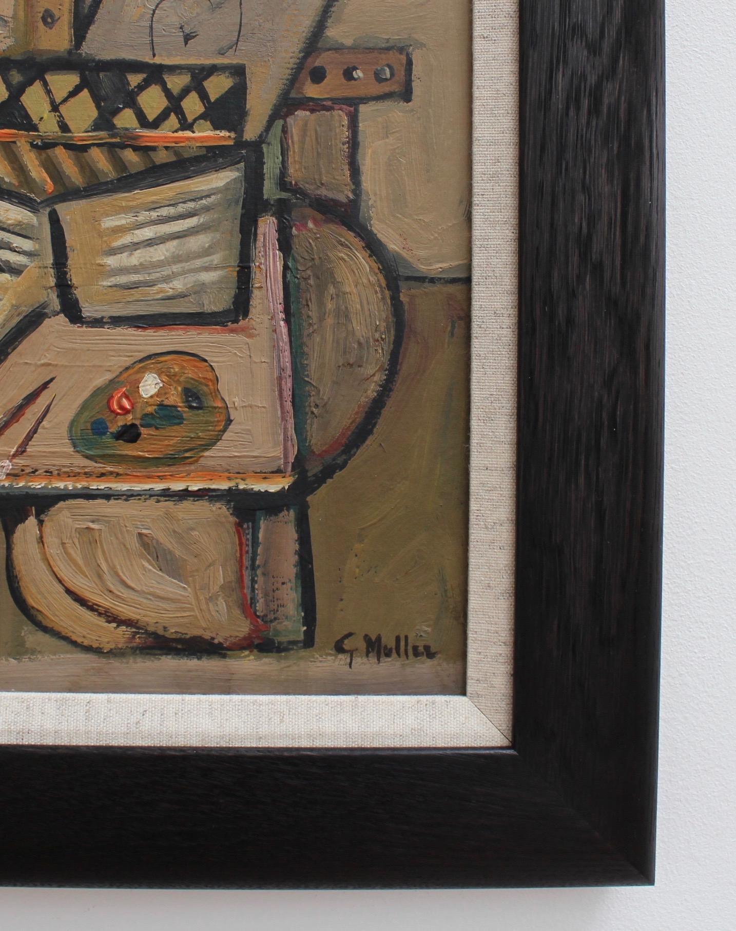 Still Life - Artist's Studio, oil on board, by G. Muller (circa 1940s - 1960s). This cubist still life is clearly influenced by George Braque, Juan Gris and Pablo Picasso. An artist's palette with fresh layers of paint and nearby brushes lie on a