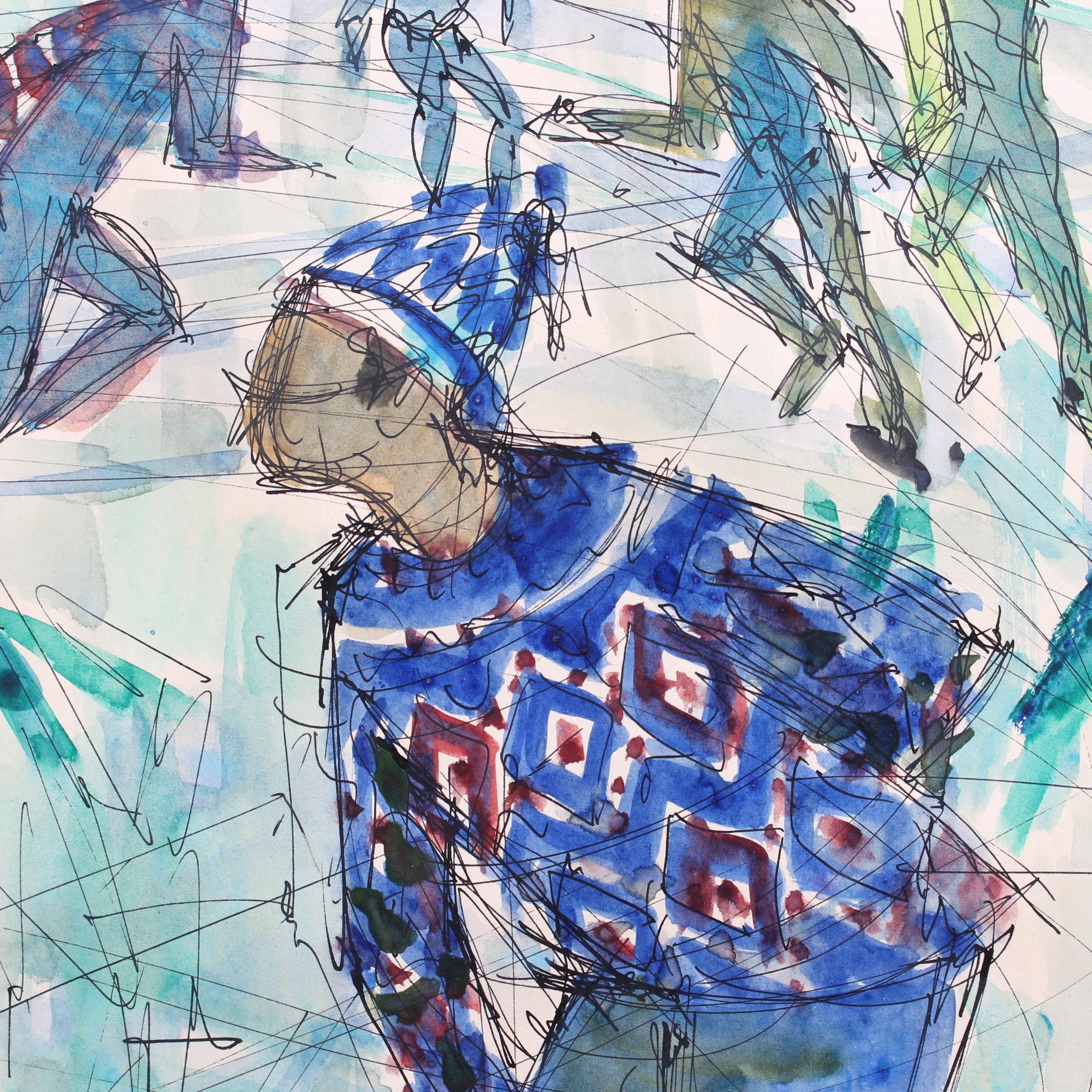 'A Day at the Rink', ink and gouache on art paper by Jean Monneret (circa 1970s), a very endearing depiction of ice skating on a very cold wintery day. The artist produced outlines of the figures in motion using ink and filled them with vivid