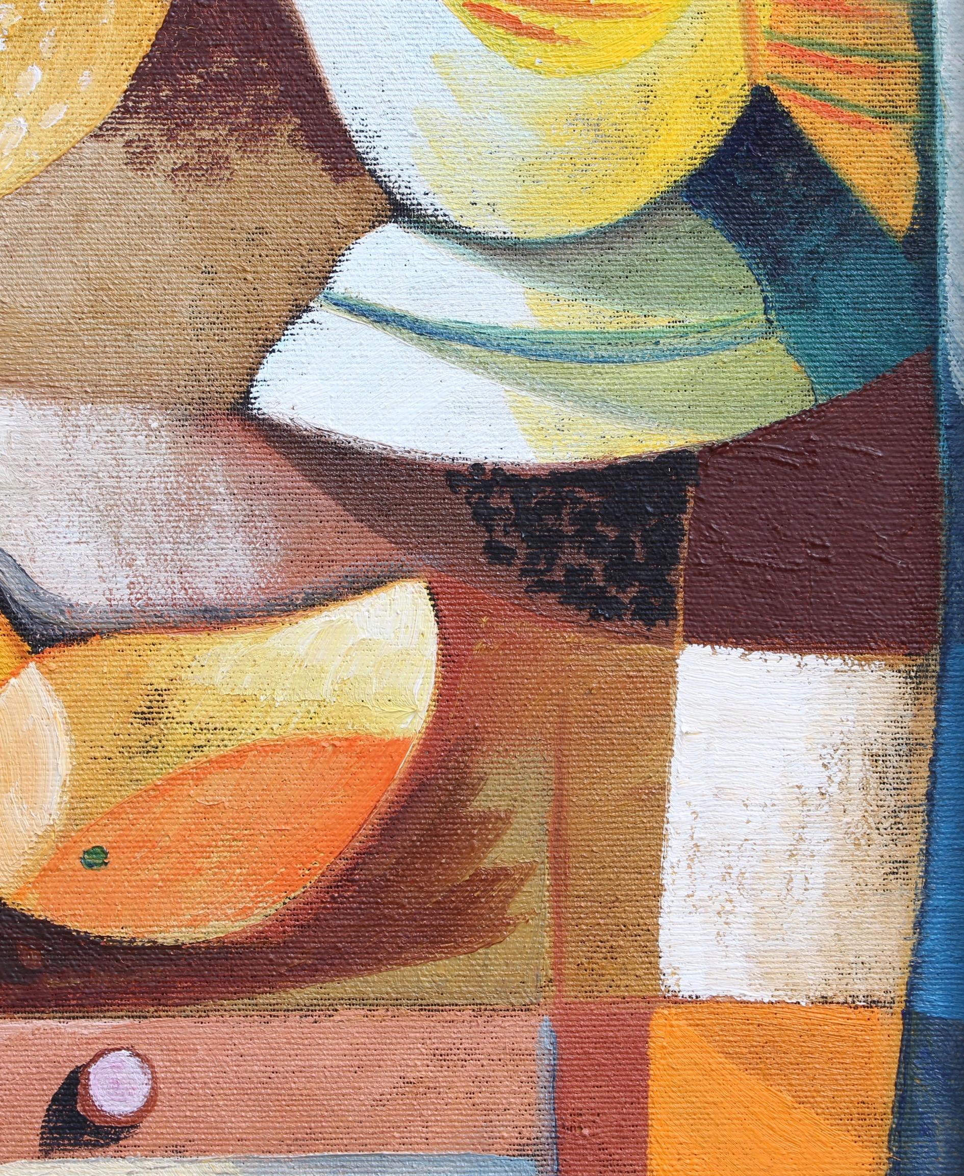 'Still Life on Table', oil on board, by Vittorio Maria Di Carlo (circa 1970s). A delightful and colourful work of art inspired by the works of Juan Gris and Pablo Picasso. Like Gris, Di Carlo depicts the stuff of everyday life: a bottle, a ceramic