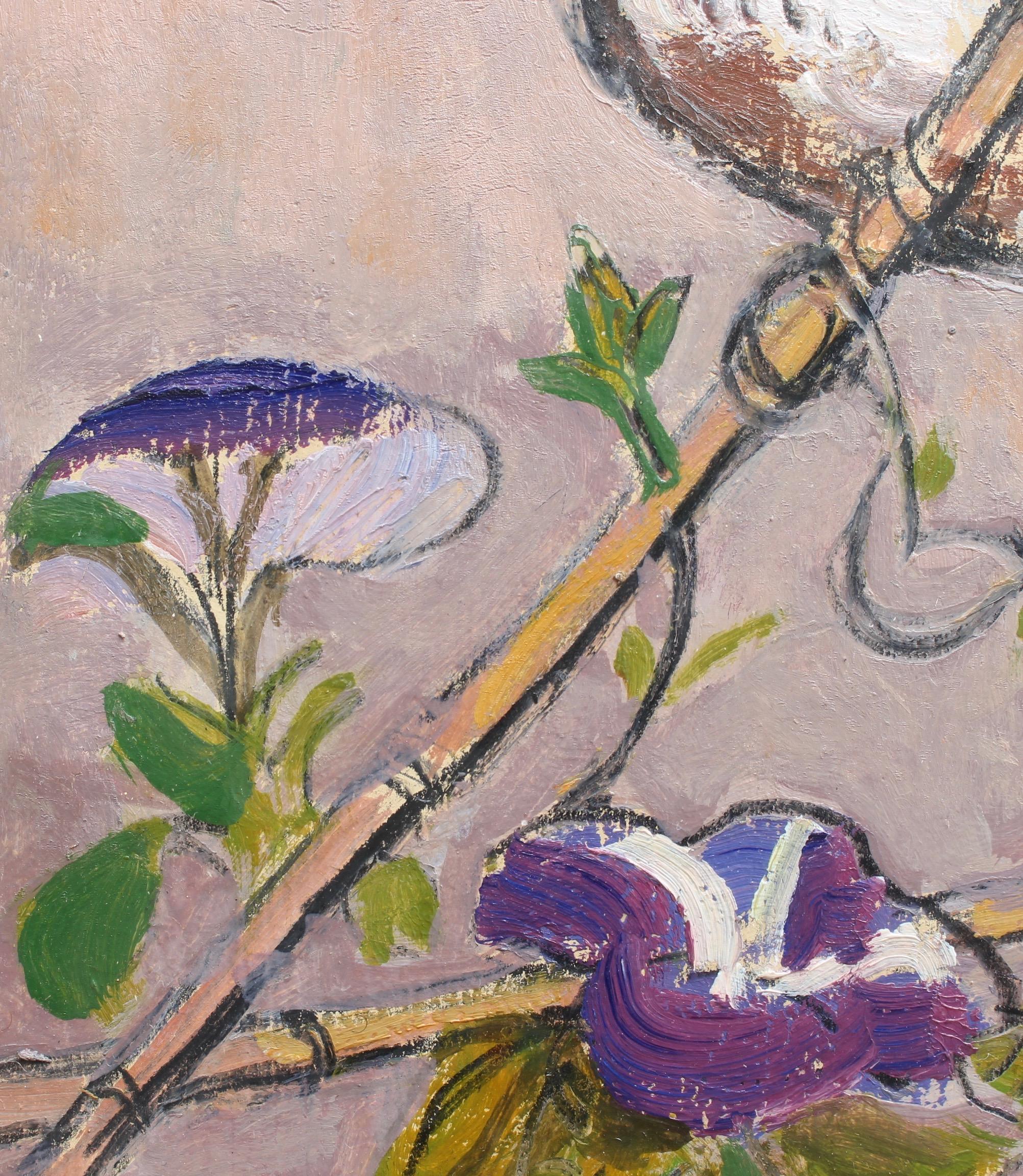 'Bunting on a Bamboo Cane', oil on card, by David McClure, RSA RSW RGI, (circa 1980s-1990s). The buntings of Europe, Asia and Africa are related to American sparrows. They are rather finch-like but have differently-structured bills, slightly flatter