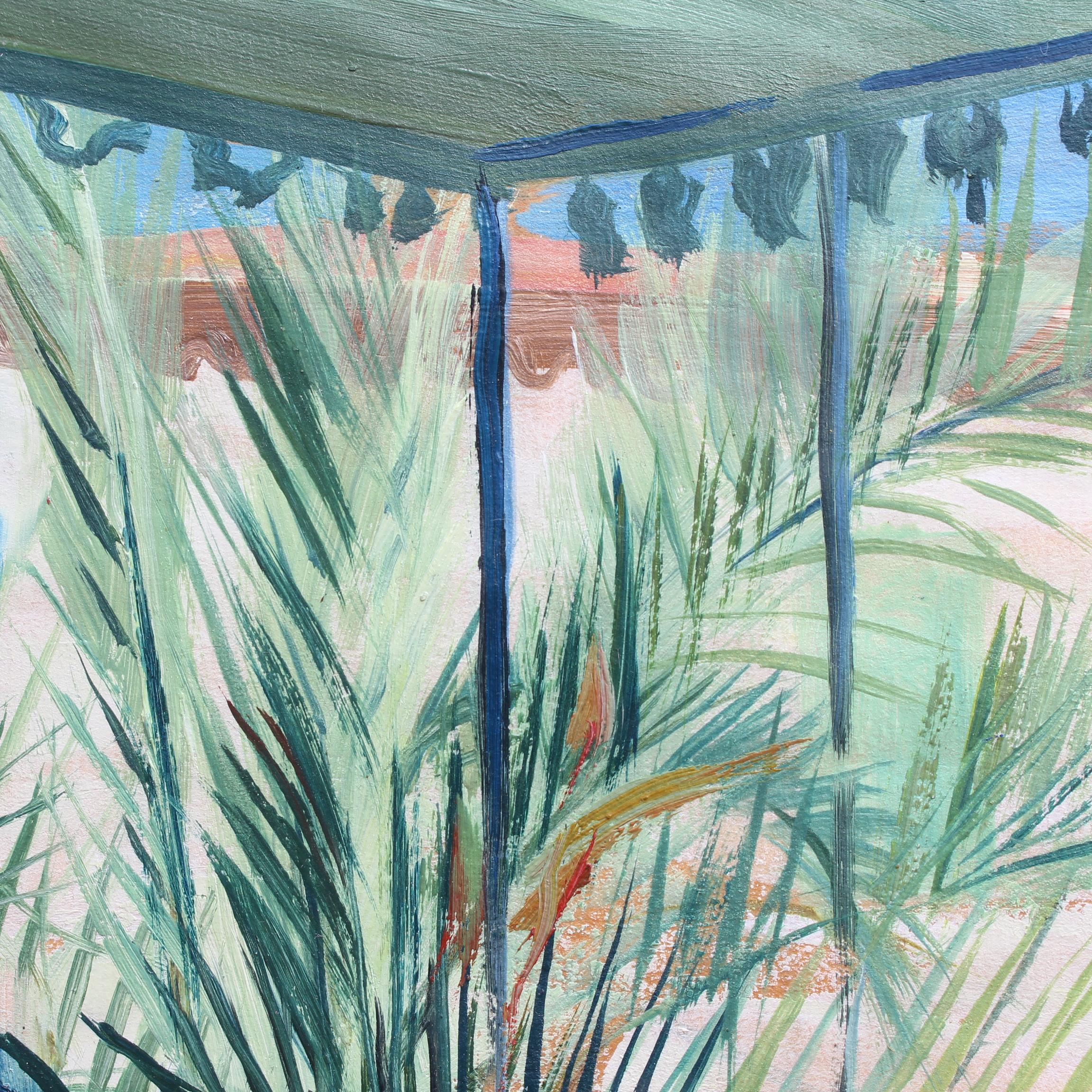 'The Sun Terrace', oil on paper, by Marcel Bouissou (1946). An uplifting scene from the South of France depicts a quiet sun terrace on a balmy day with cloudless, azure skies. The viewer is invited in to sit, relax, breathe the fresh air and keep an