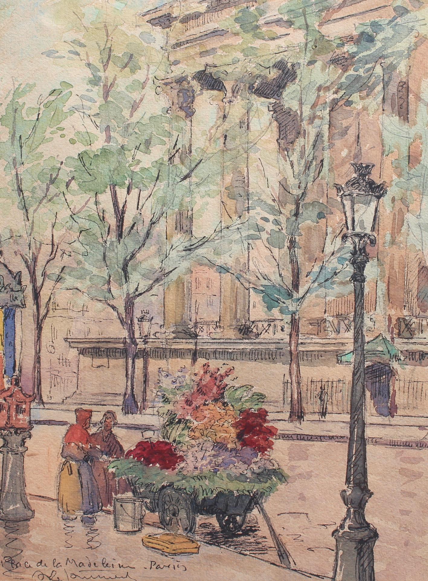 Unknown Figurative Art - Flower Seller, Place de la Madeleine - Paris 1890s