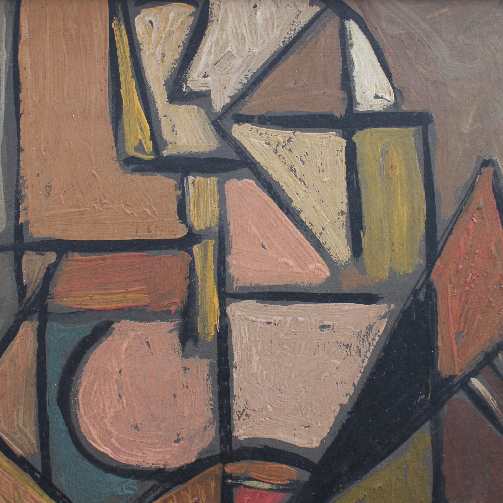 'The Guitarist', oil on board, Berlin School (circa 1940s - 1960s). Despite the apparent flatness of the composition, it suggests depth with pronounced colours and tile-like quadrants of varying sizes behind the guitarist. The fragmentation of the