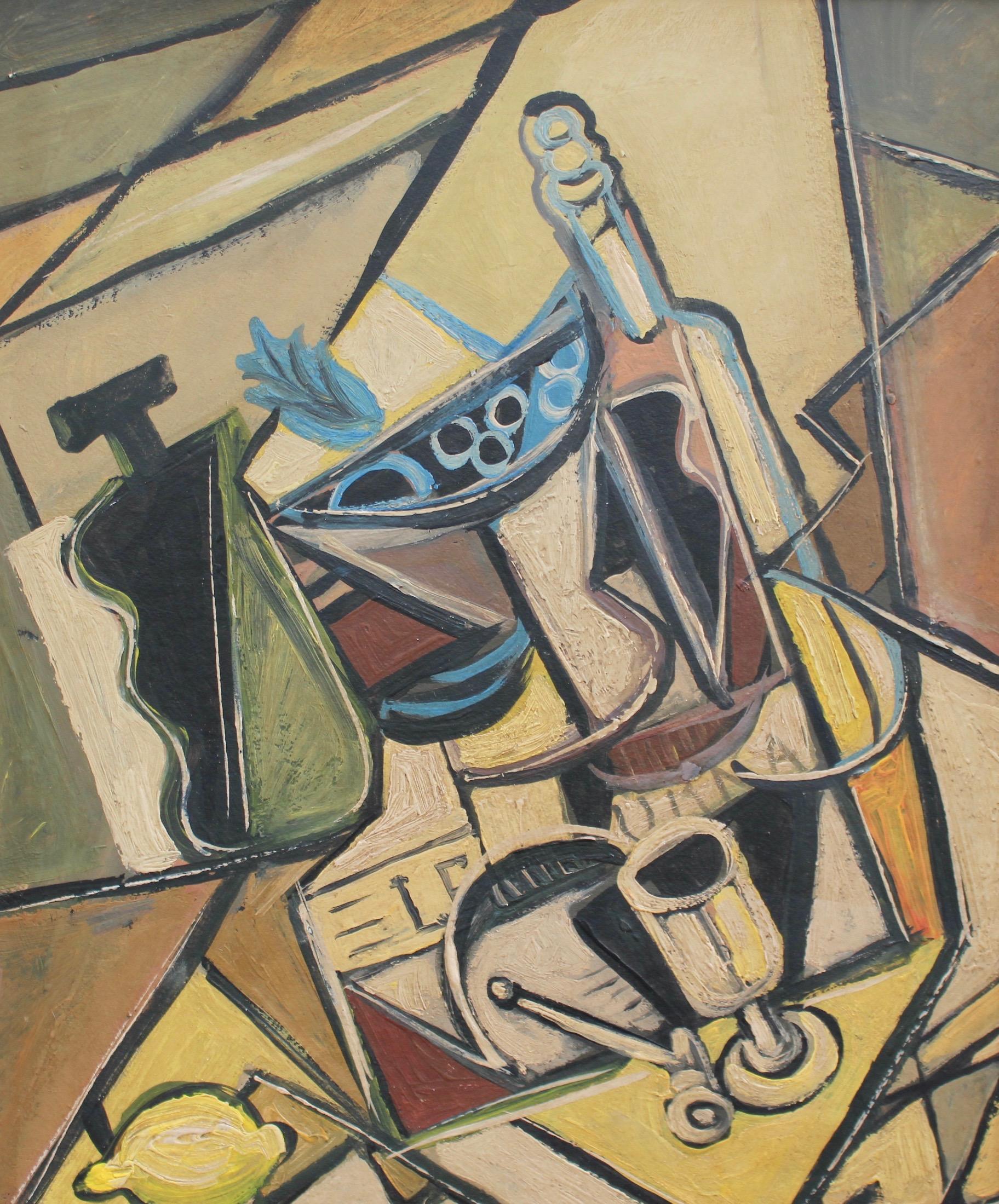 'Cubist Still Life', oil on board, by J.G. (circa 1940s - 1960s). Bottles, a bowl of fruit, a wine glass, a lemon and a newspaper (Le Journal) are arranged on a visual slant with a backdrop of geometric shards defined by strong black lines and