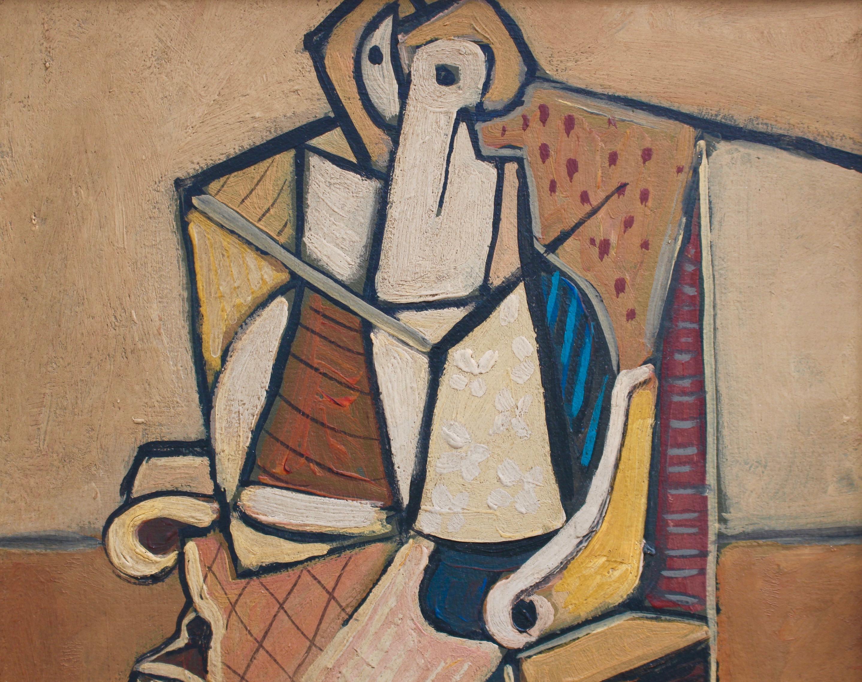 'Seated Abstract Figure', oil on board, by J.G. (circa 1940s - 1960s). This artwork depicts a seated figure consisting of bold lines, geometric shapes and muted hues. The flat planes of colour and complex puzzle-like compositions echo the