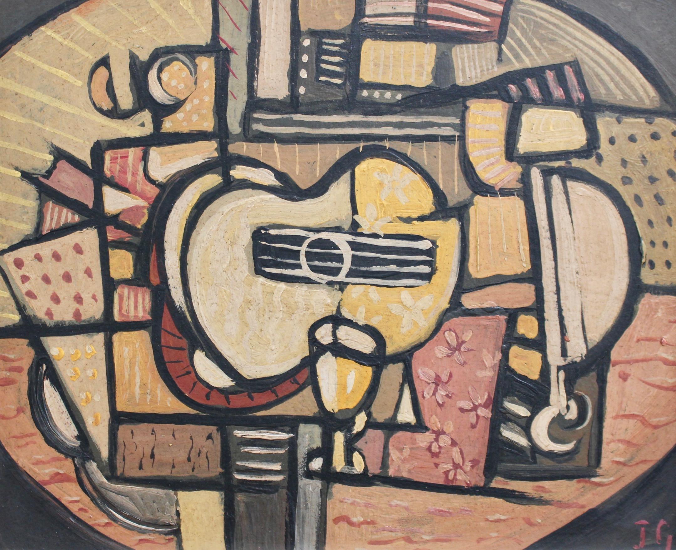 J.G. Abstract Painting - Still Life with Guitar and Wine Glass