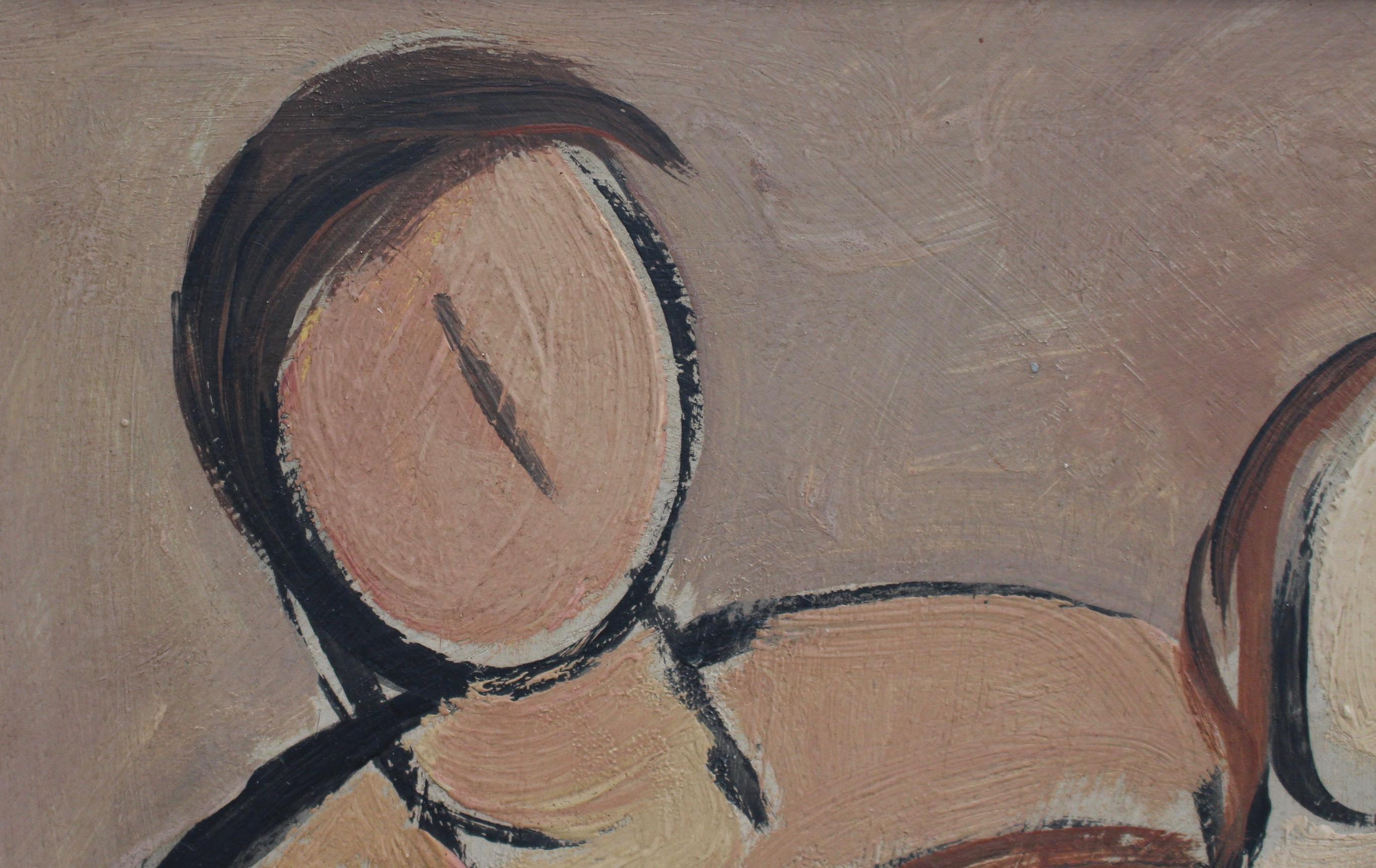 'Portrait of Seated Nudes', oil on board, by STM (circa 1940s - 1960s). STM has created another irresistible portrait using hallmark subtle earth hues. The backdrop is a solid field of light brown with a soupçon of pink. The chair upon which they